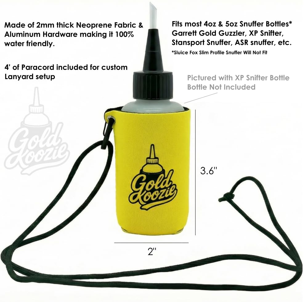 Gold Koozie carabiner-equipped holder for hands-free access on rugged trips.