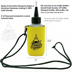Gold Koozie carabiner-equipped holder for hands-free access on rugged trips.