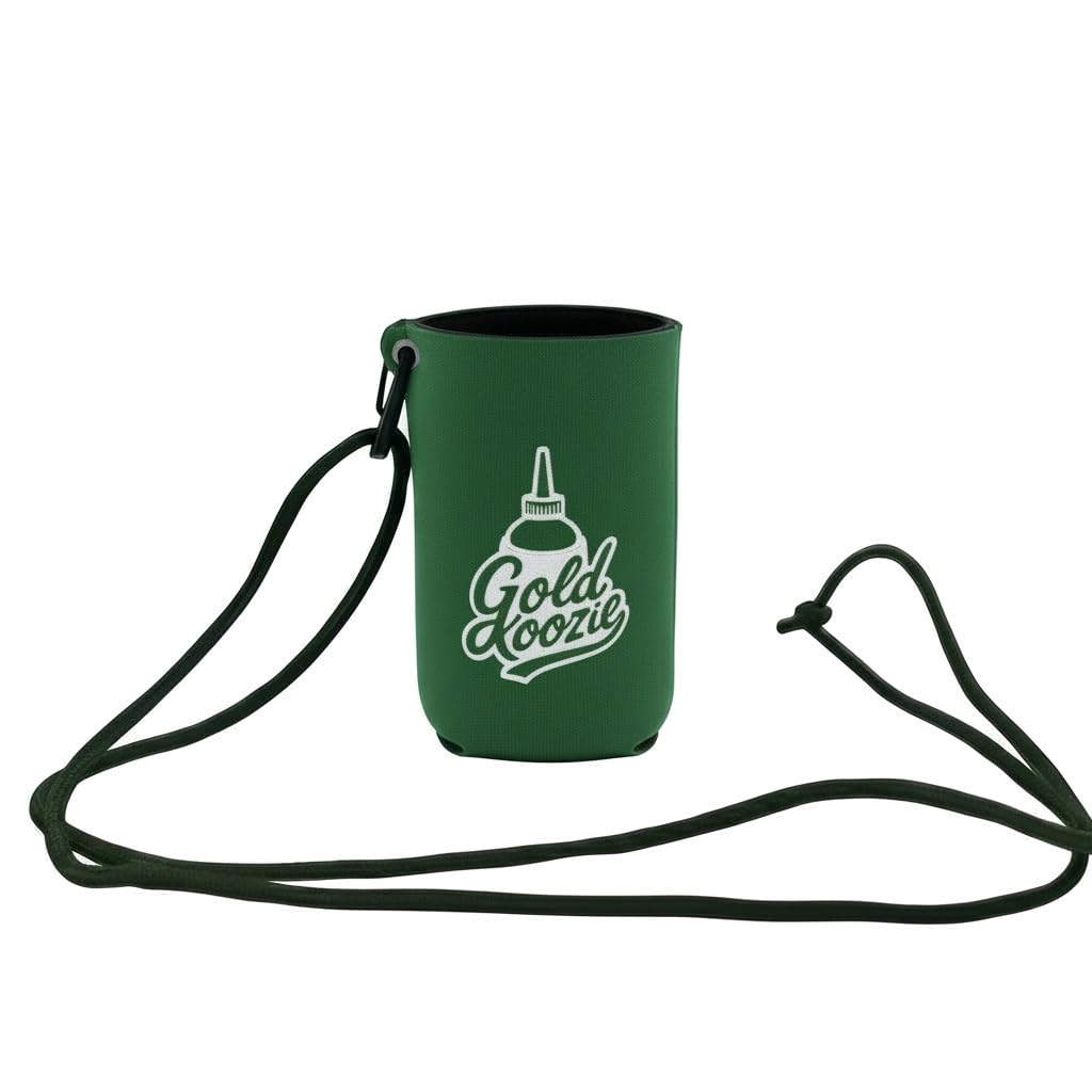 Gold Koozie snuffer bottle holder with green neoprene, secure on your pack.