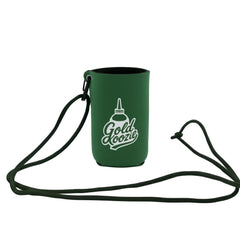 Gold Koozie snuffer bottle holder with green neoprene, secure on your pack.
