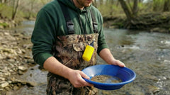 Gold Koozie USA-made sleeve adds durability for creekside panning.