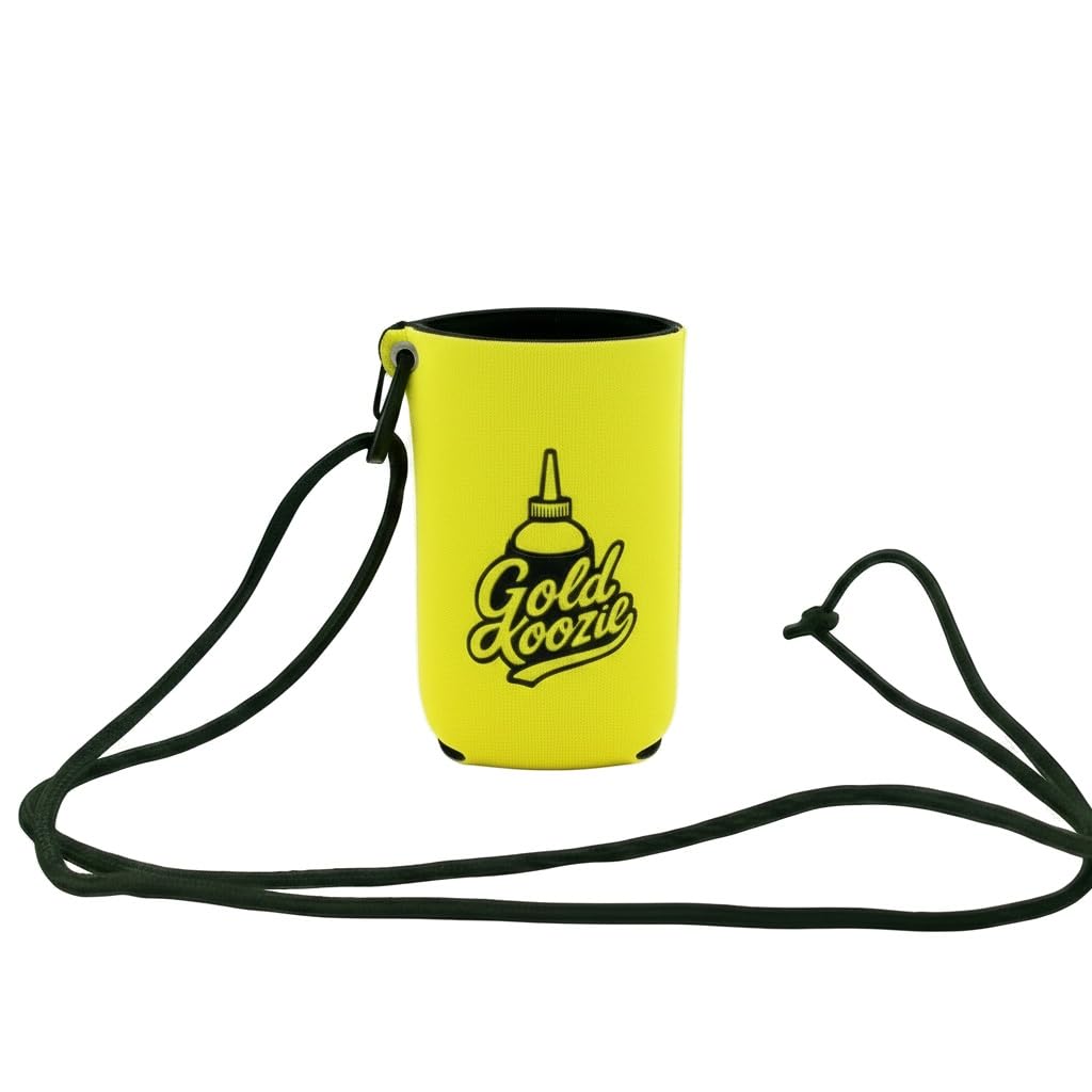 Gold Koozie snuffer bottle holder with neoprene keeps bottles secure near water.