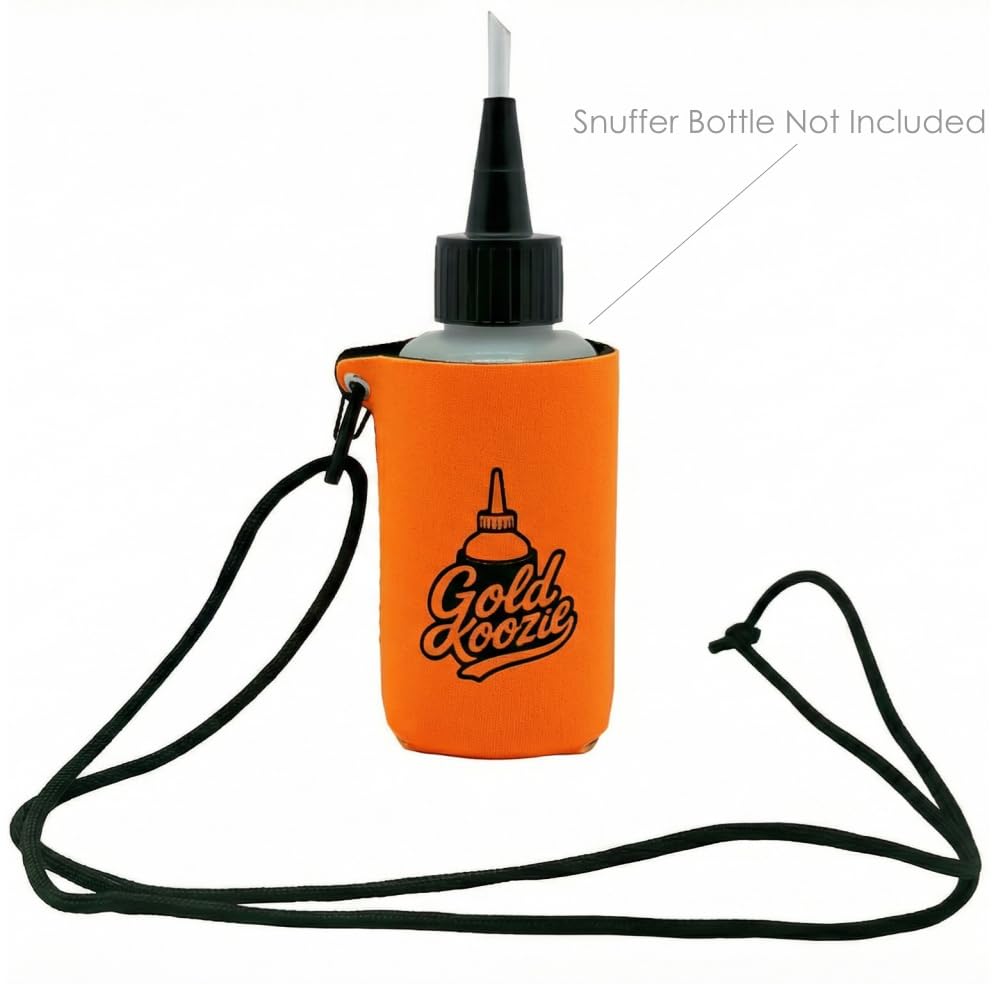 Gold Koozie clipped to a pack for easy access during gold panning.