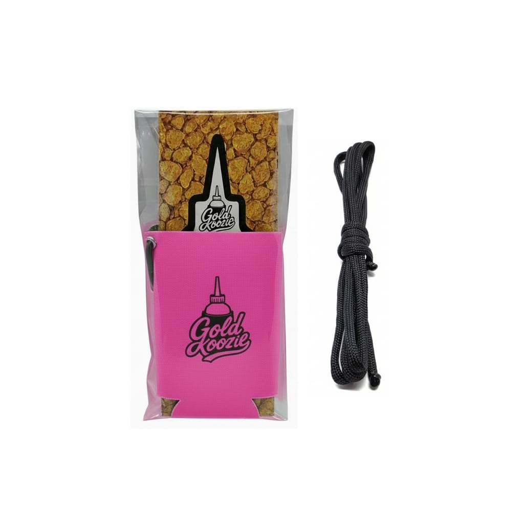 Gold Koozie water-friendly neoprene protects your snuffer bottle by creek.