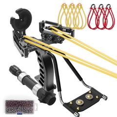 Goldboy hunting laser slingshot with arrow biscuit ready for precise target practice outdoors.