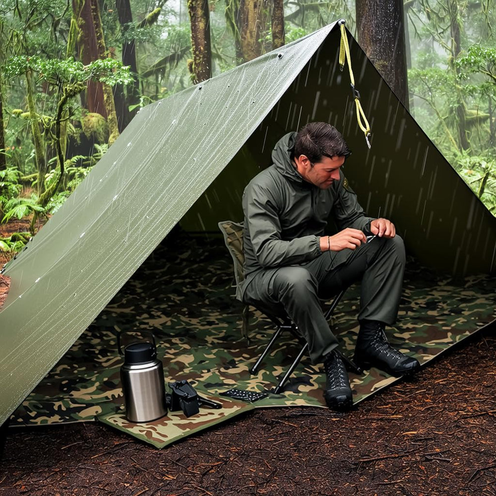 GoldCamp 70D nylon ripstop material highlights durable weatherproof tarp.