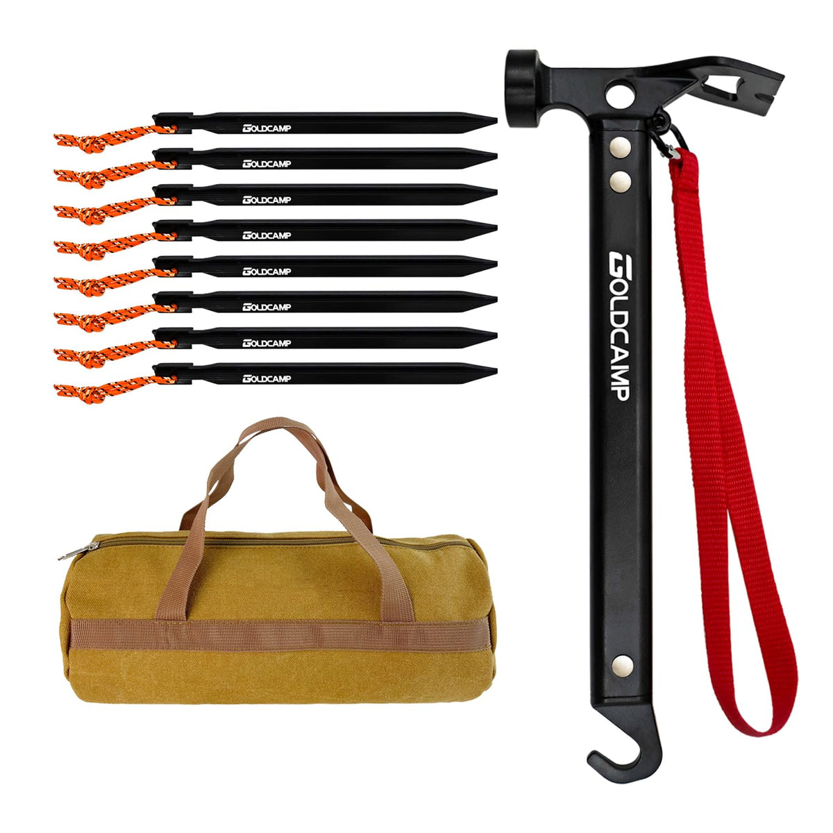 GoldCamp heavy-duty camping hammer with S45C steel for reliable anchoring on rocky ground.