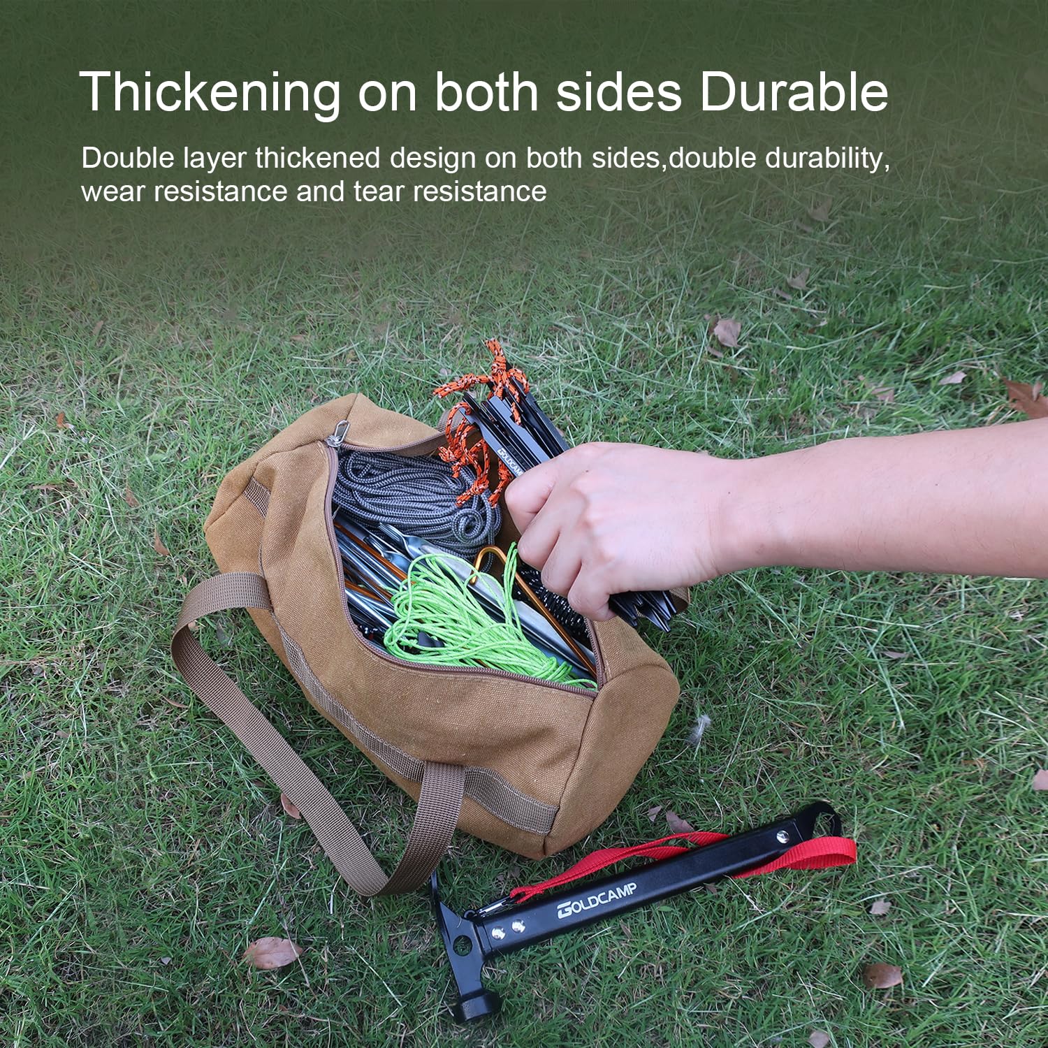 GoldCamp packaged tent stake kit in box for organized outdoor gear.