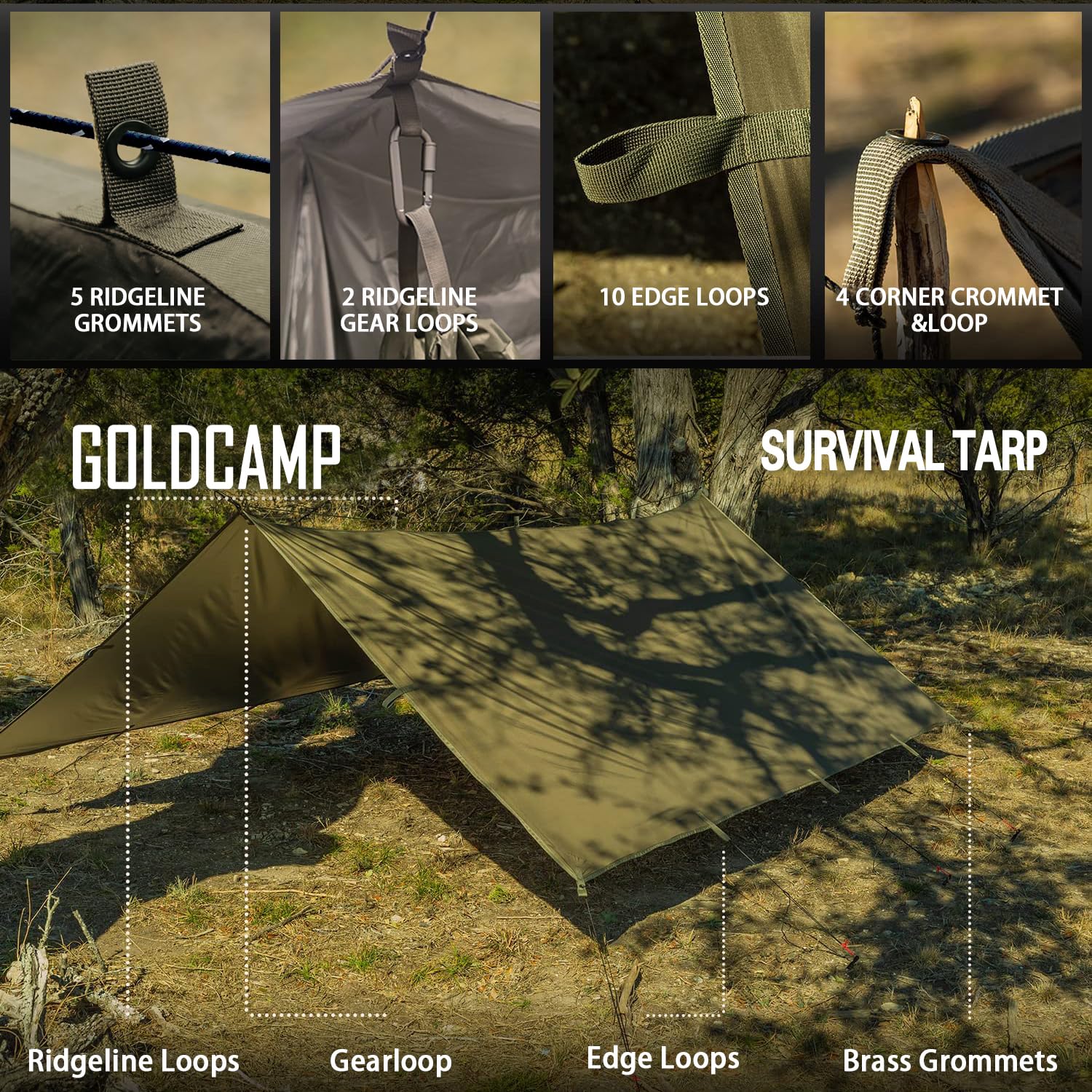 GoldCamp side loops attach to trees, fences, or pegs for flexible layouts.