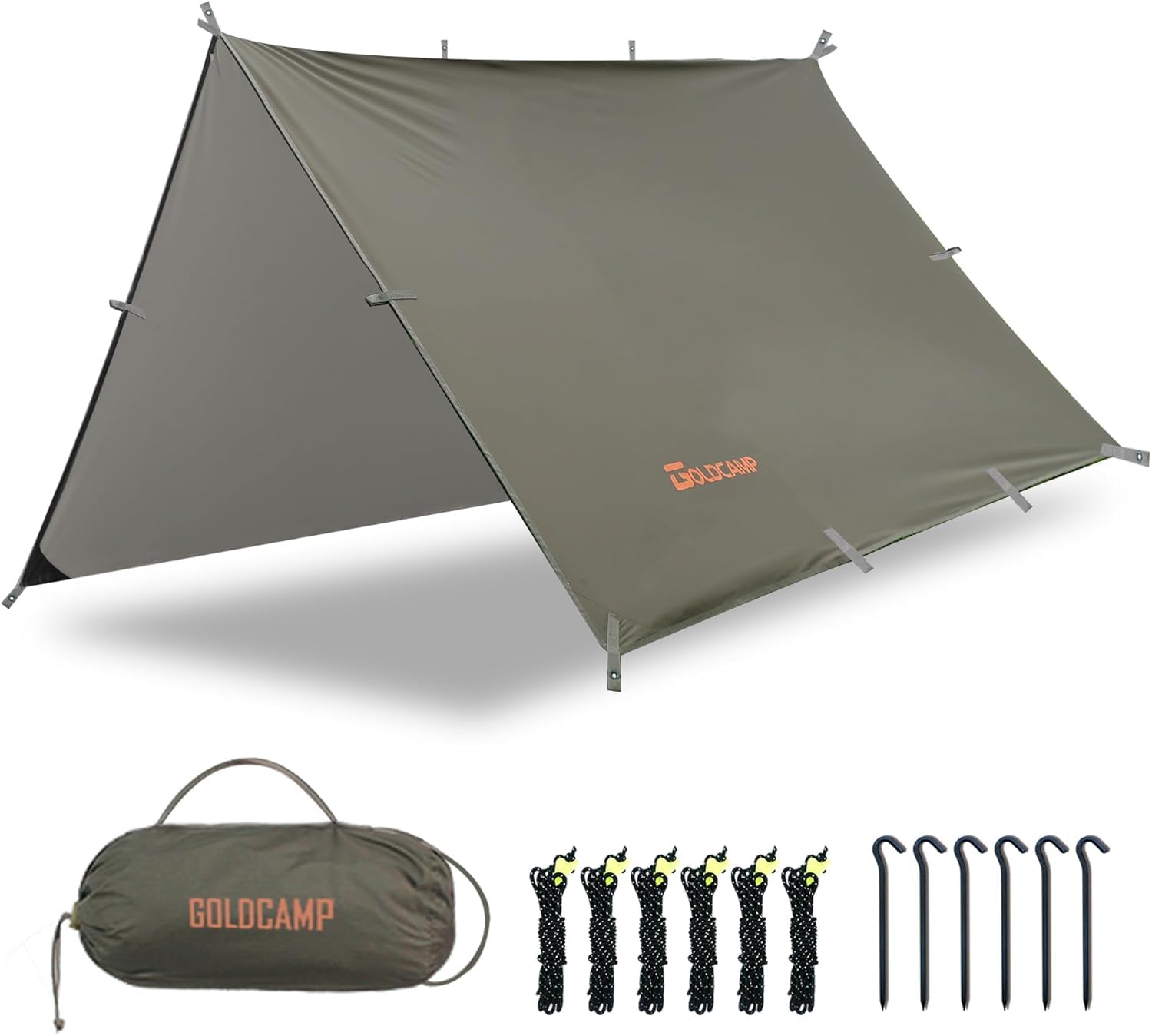 GoldCamp tarp 10x10 setup showing versatile shelter for camping and hammocks.