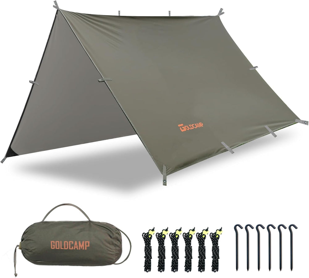 GoldCamp tarp 10x10 setup showing versatile shelter for camping and hammocks.
