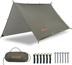 GoldCamp tarp 10x10 setup showing versatile shelter for camping and hammocks.