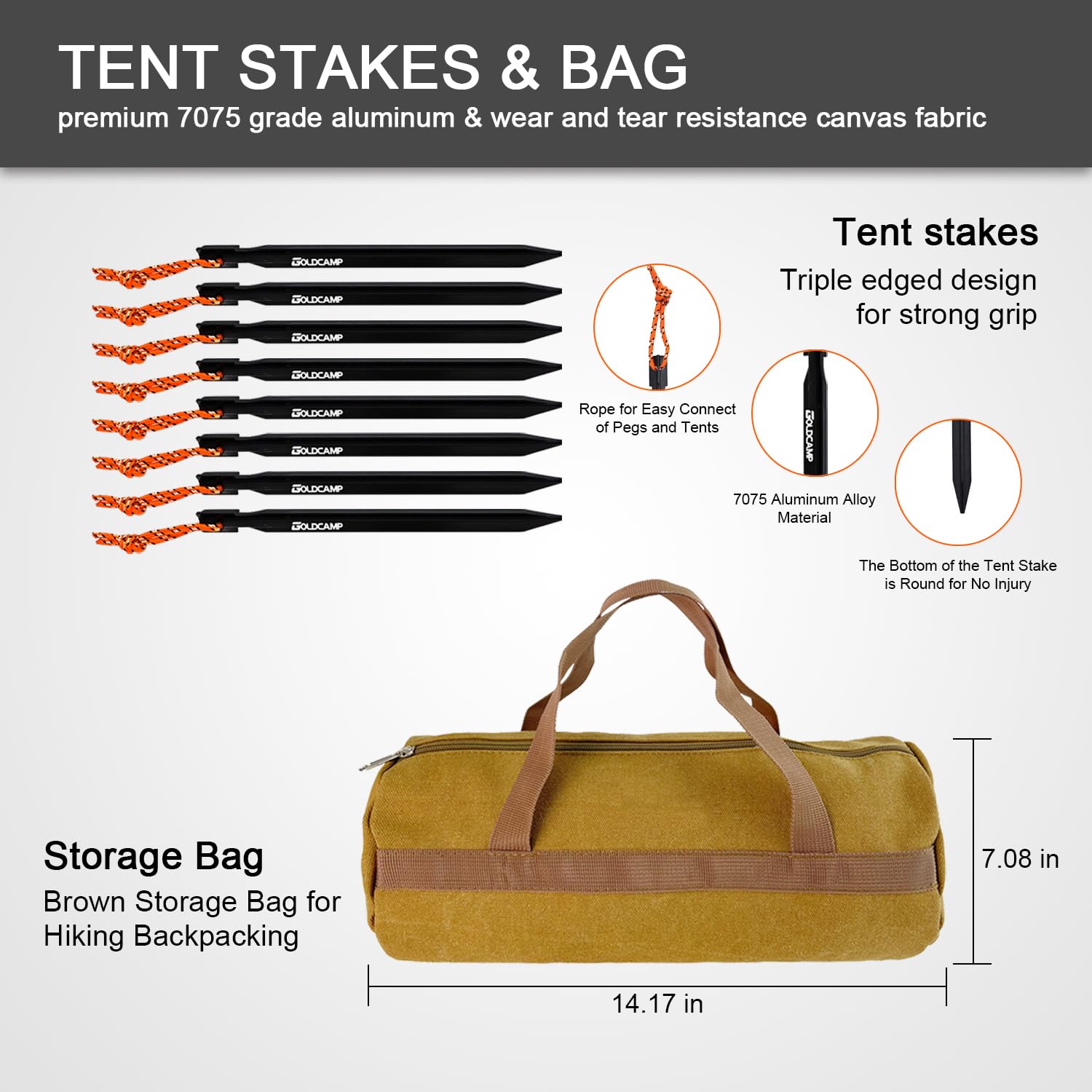 GoldCamp washed canvas tool bag keeps stakes durable and organized.