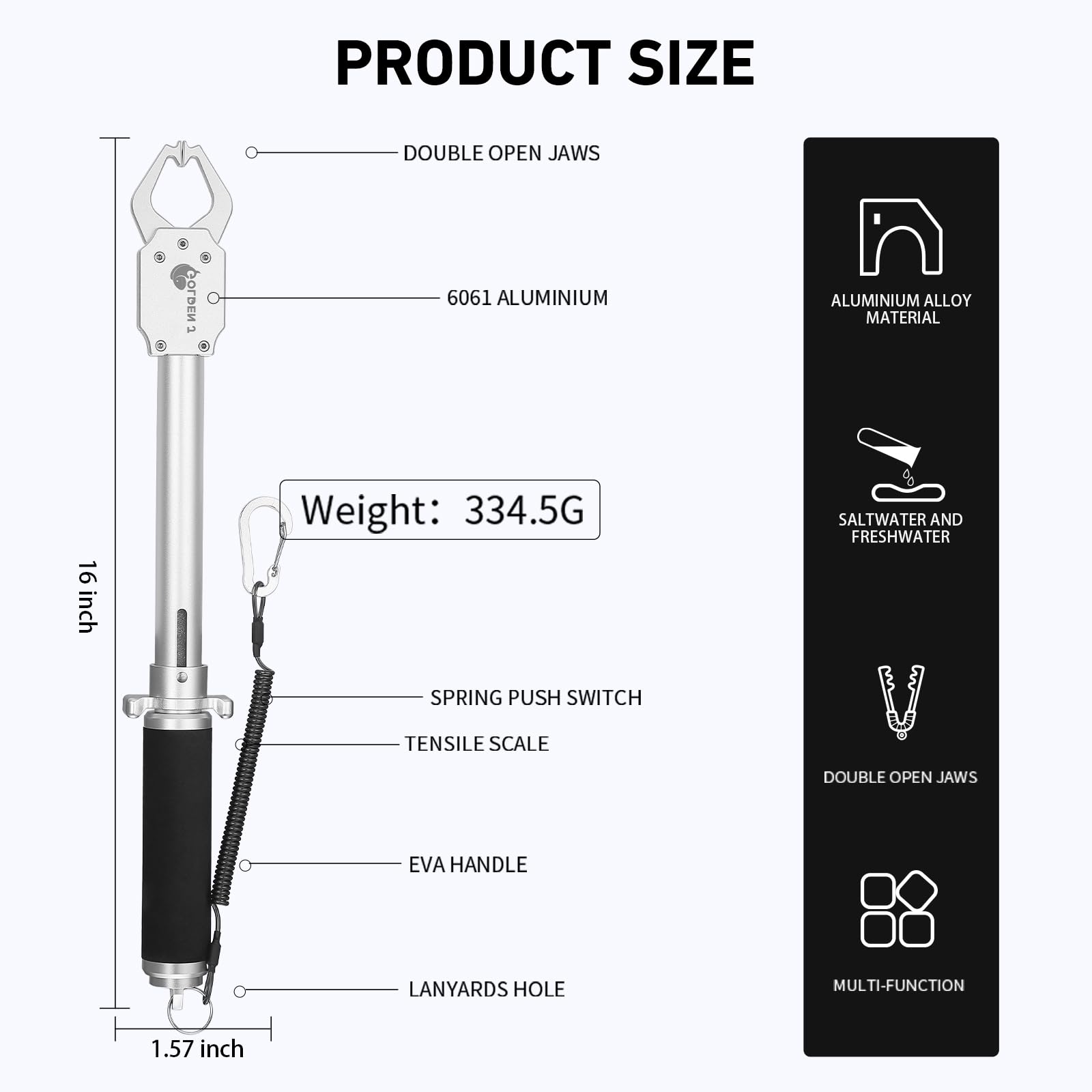 GOLDEN J 16in fish lip gripper swivel handle demonstrates 360-degree rotation for control