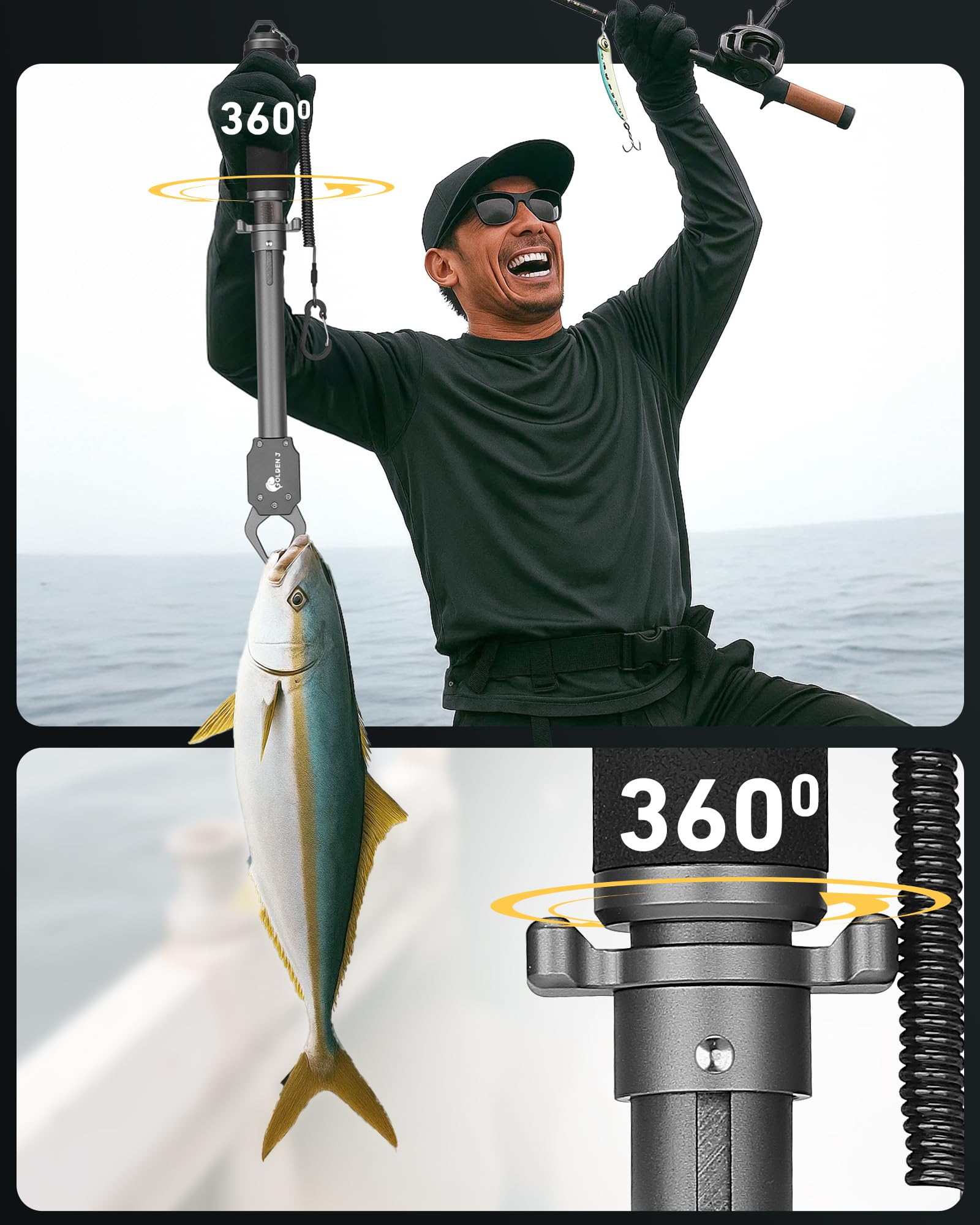 GOLDEN J gripper 360° swivel reduces line strain during fights