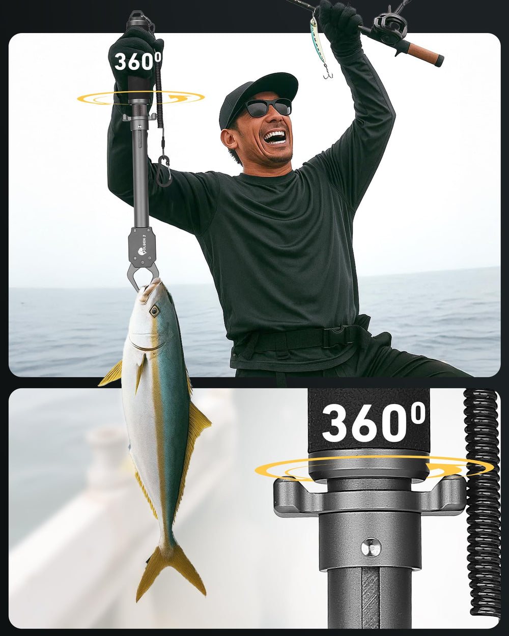 GOLDEN J gripper 360° swivel reduces line strain during fights