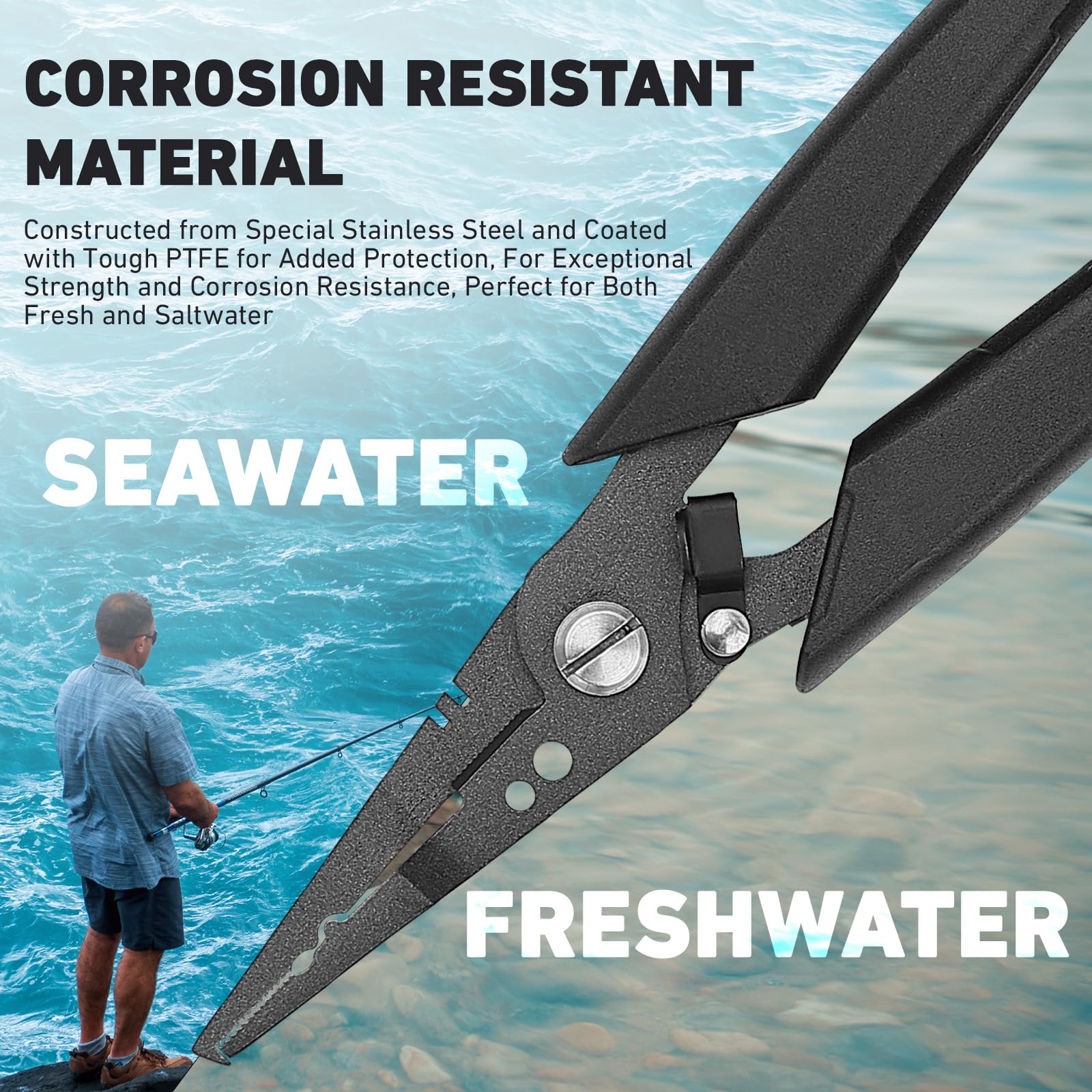 Saltwater resistant fishing pliers in tackle box