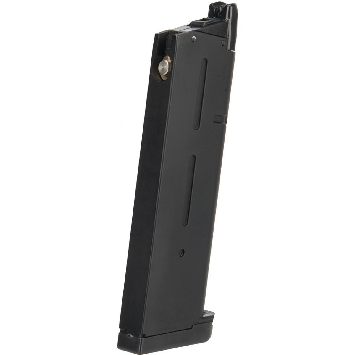 GoldenBall Army Armament 25rd 1911 GBB magazine, close-up detailing durable metal build.