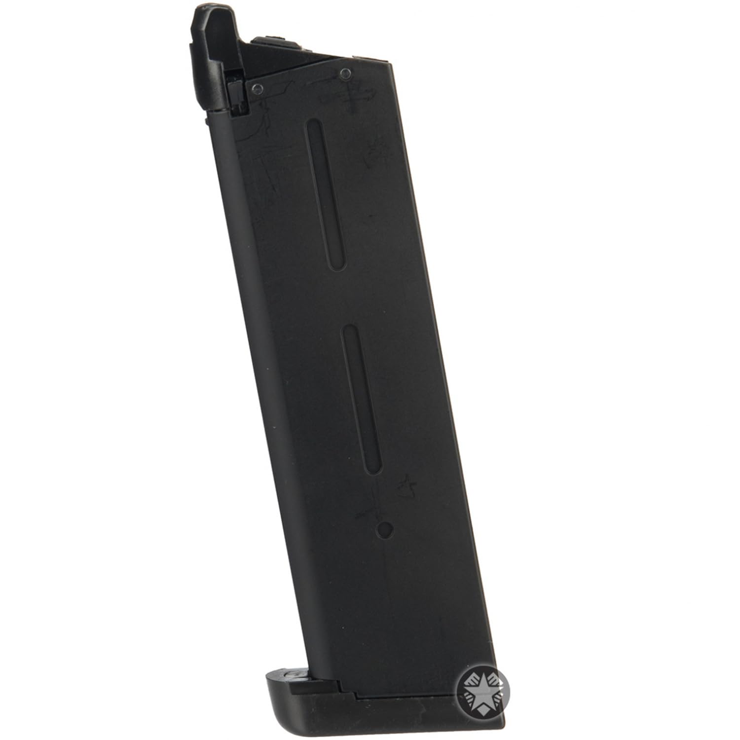 GoldenBall Army Armament 25rd 1911 GBB magazine installed in pistol for smooth feeding.