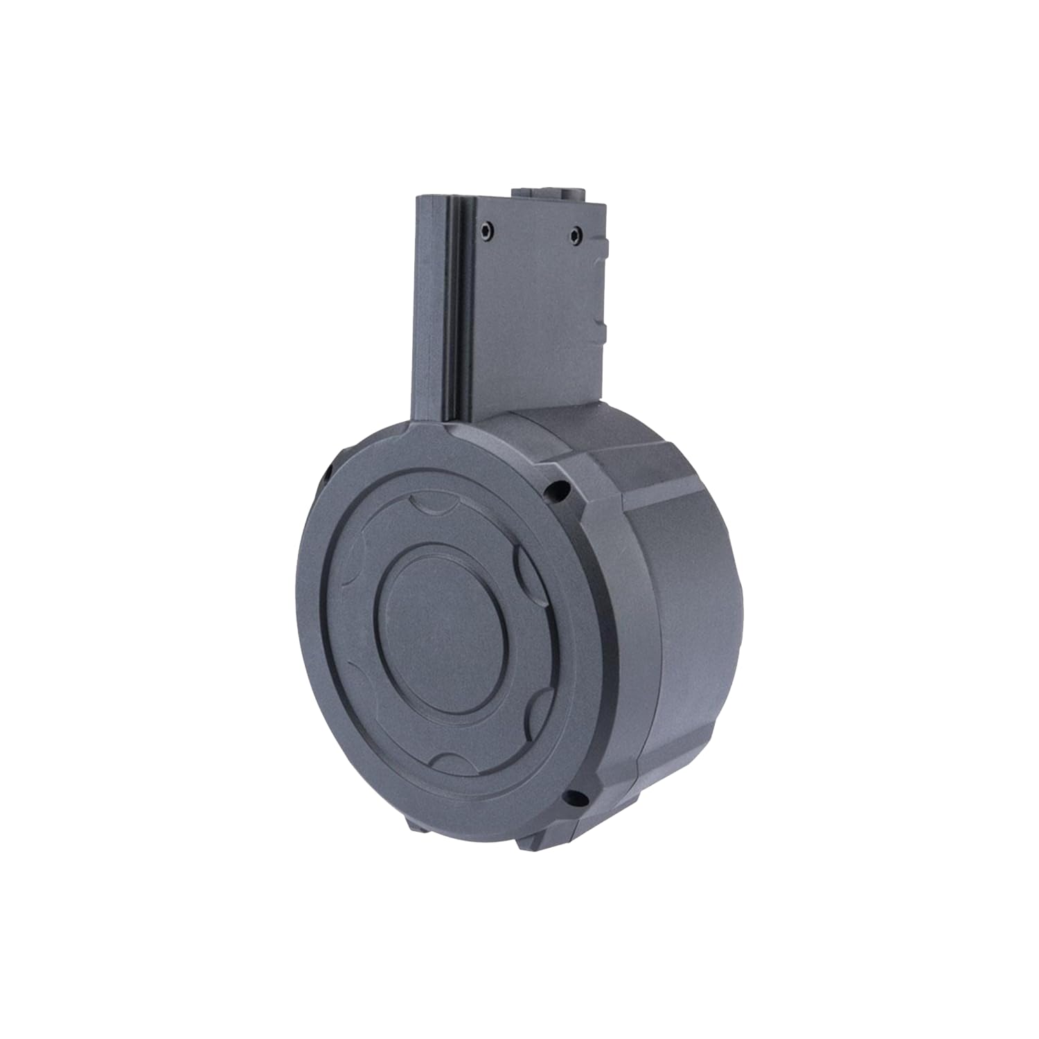 GoldenBall 1100rd drum mag close-up highlighting lightweight polymer construction.