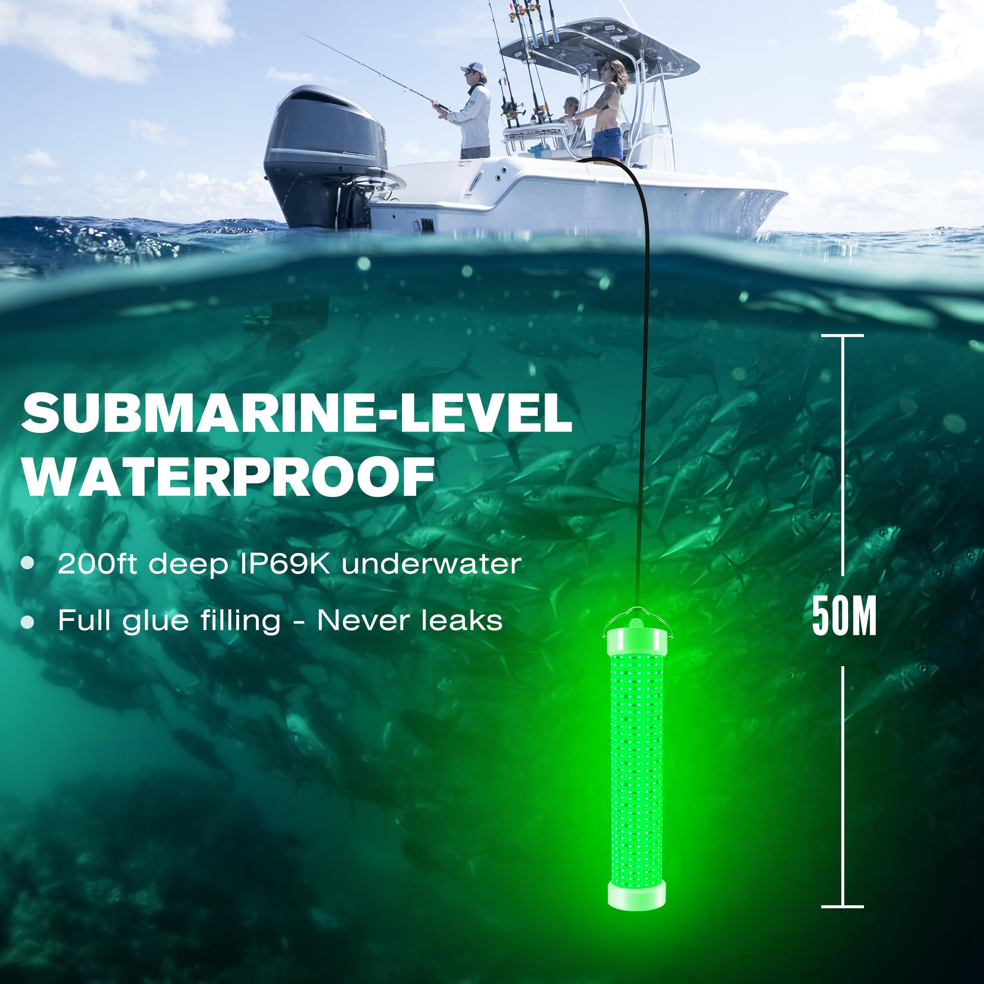 Underwater view showing 360-degree illumination from Goldlife 200W