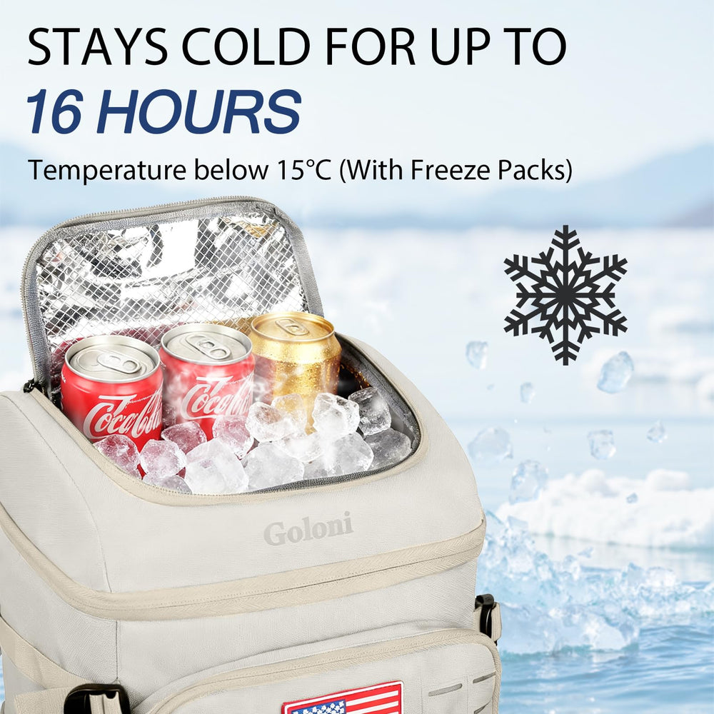 Goloni cooler backpack 30-cans packed demonstrates large capacity for beverages and snacks.