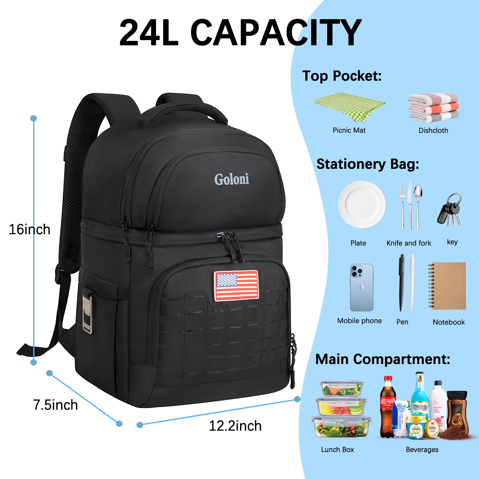 Goloni cooler backpack durable-600d-polyester resists wear for beach, fishing, tailgate.