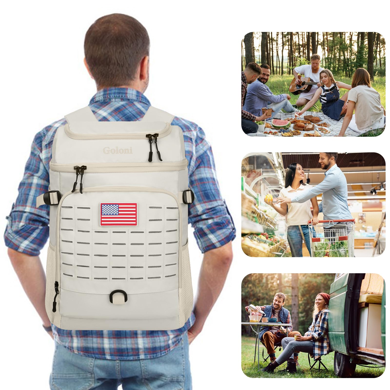 Goloni cooler backpack in beach setting shows versatile outdoor use for days out.