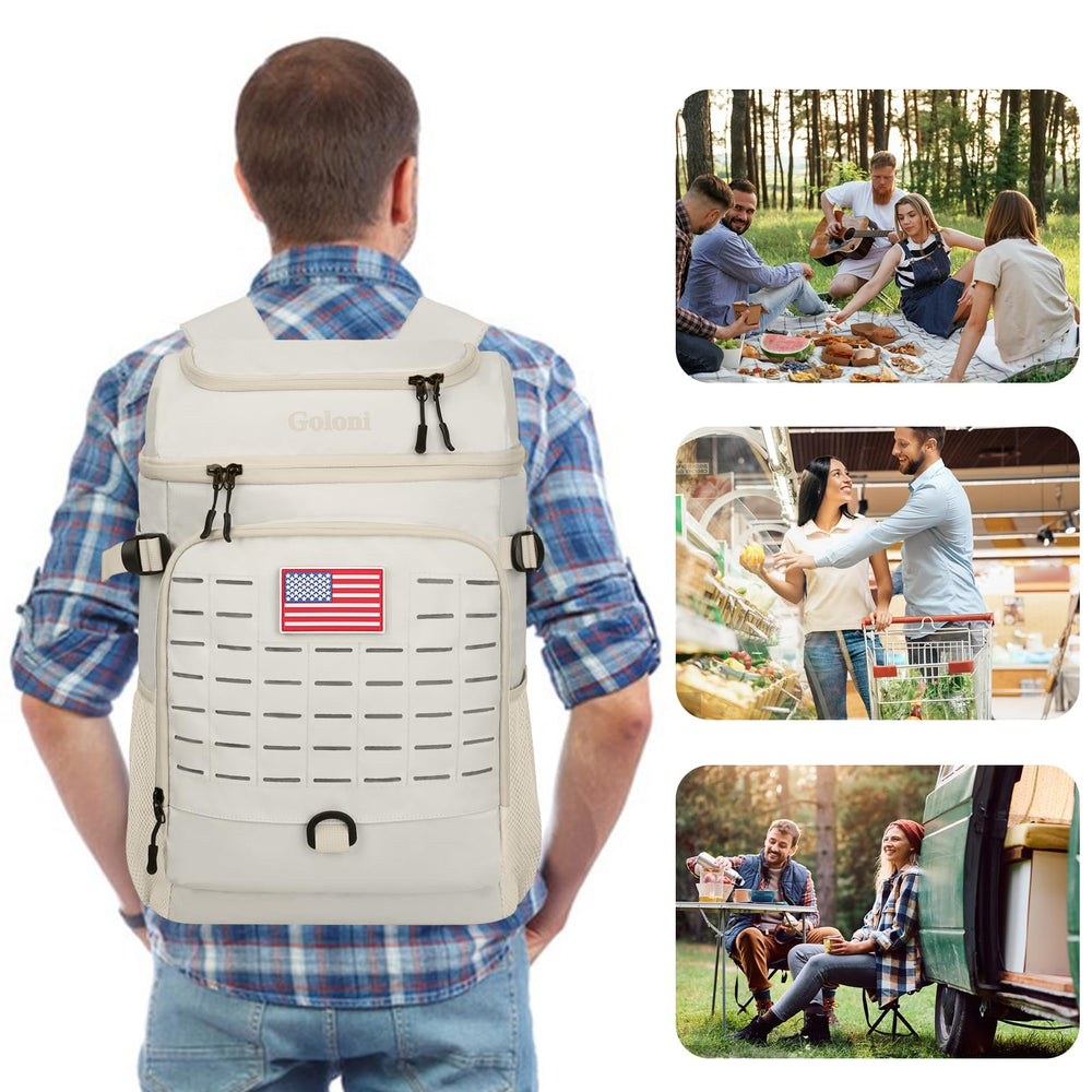 Goloni cooler backpack in beach setting shows versatile outdoor use for days out.