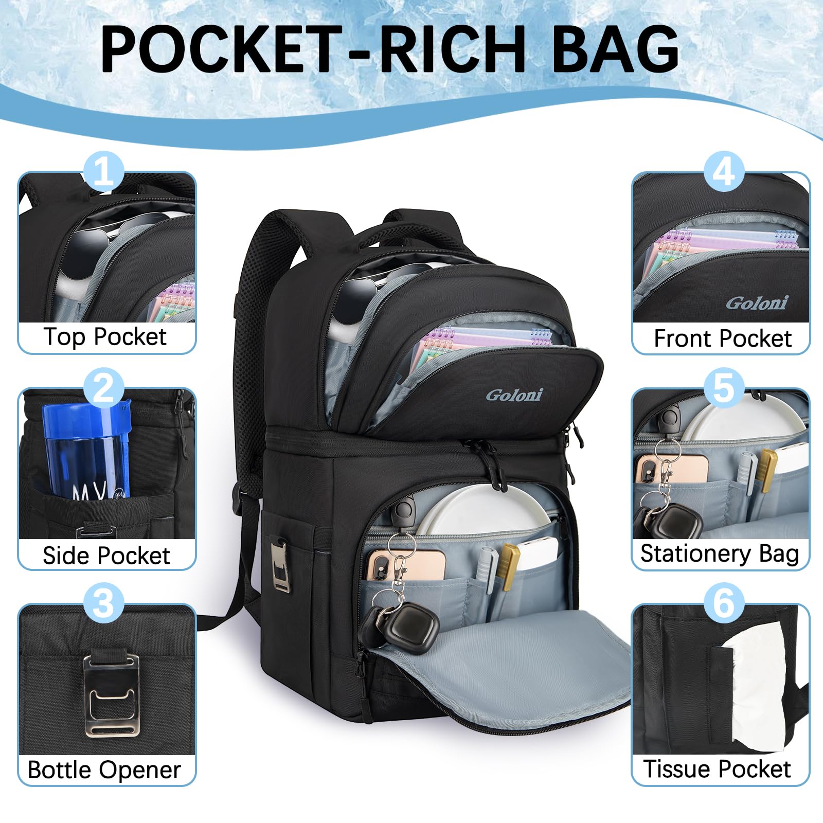 Goloni insulated cooler backpack with 40-can capacity for group outings and picnics.