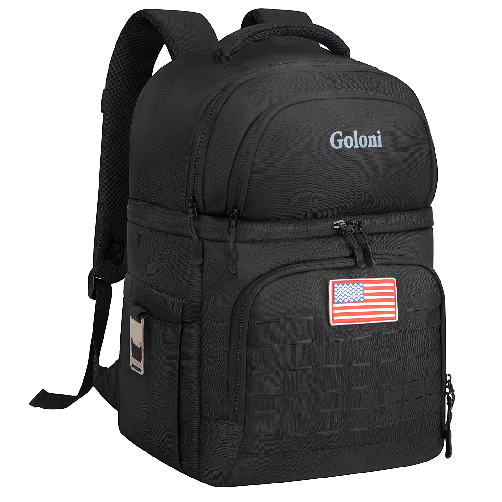 Goloni insulated cooler backpack showing ice retention for 12 hours, ideal for camping.