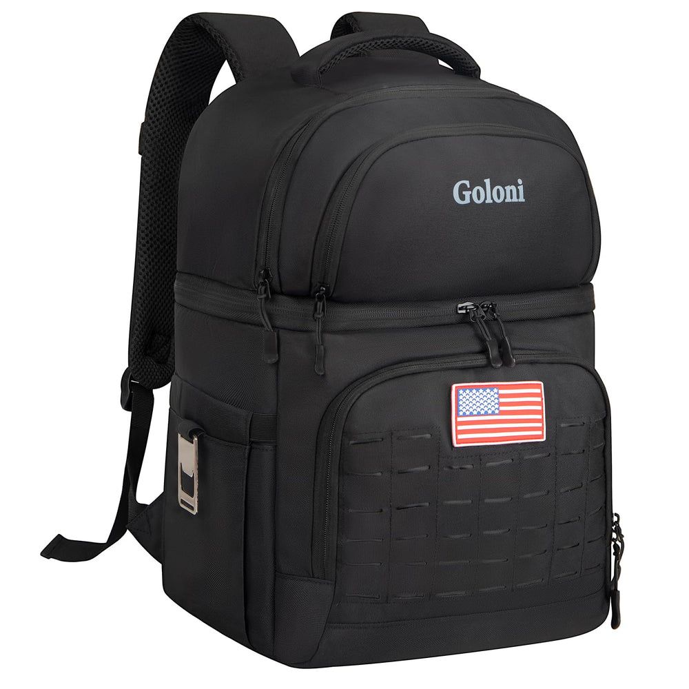 Goloni insulated cooler backpack showing ice retention for 12 hours, ideal for camping.