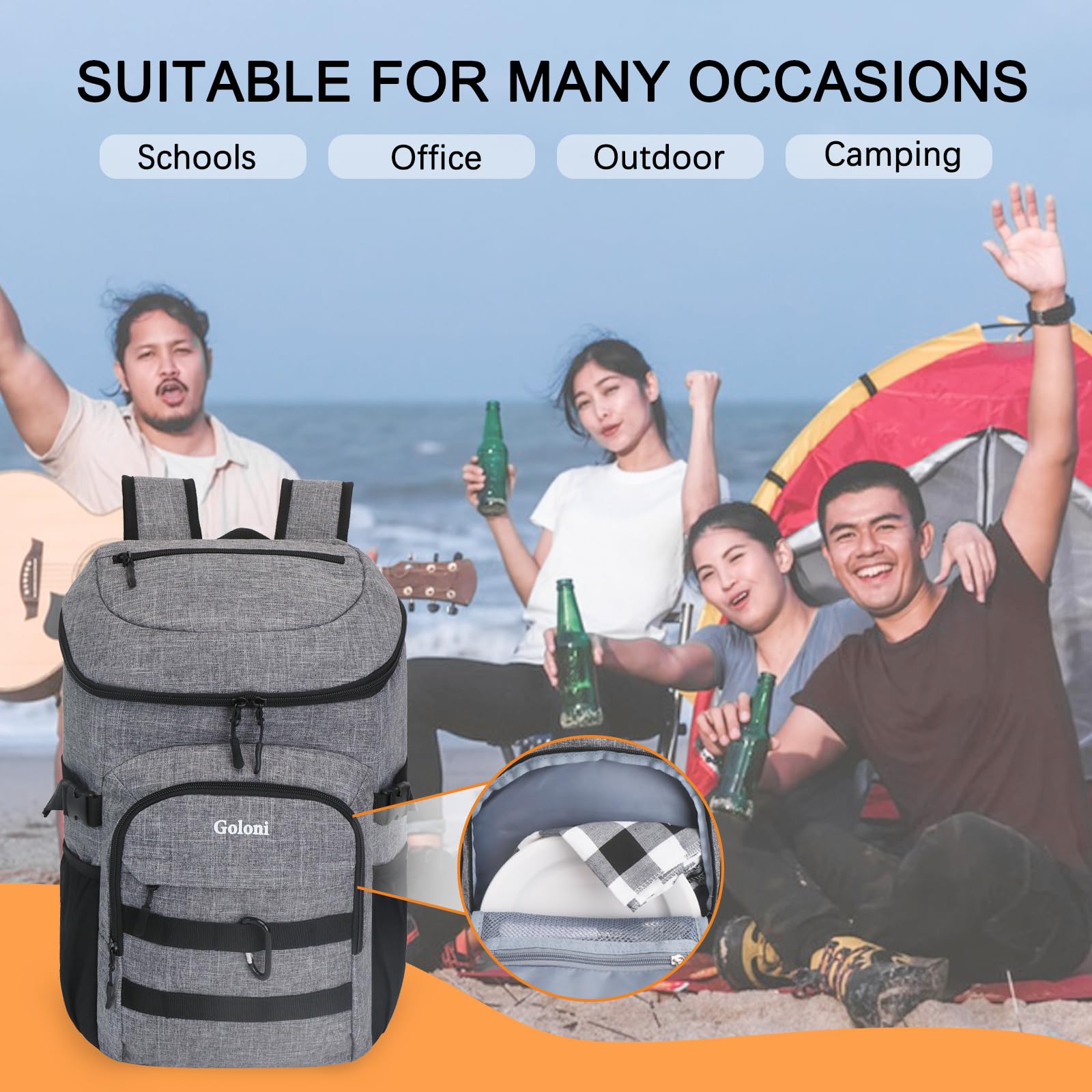 Goloni Upgraded Cooler Backpack 24 Cans padded shoulder straps reduce back strain on hikes