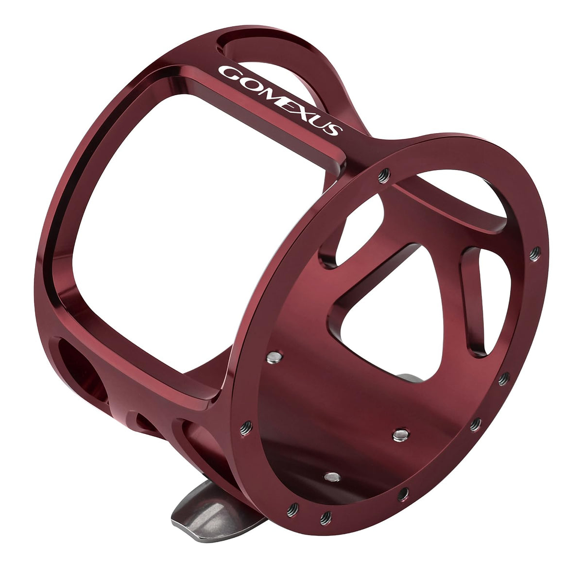 Front view of Gomexus aluminum reel frame in red for Penn Senator 113H