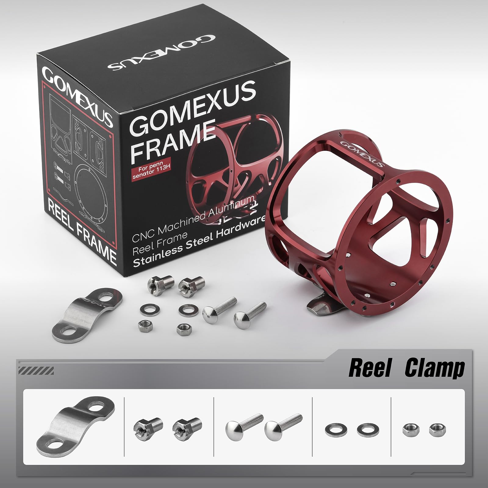 Included components and packaging for Gomexus aluminum reel frame