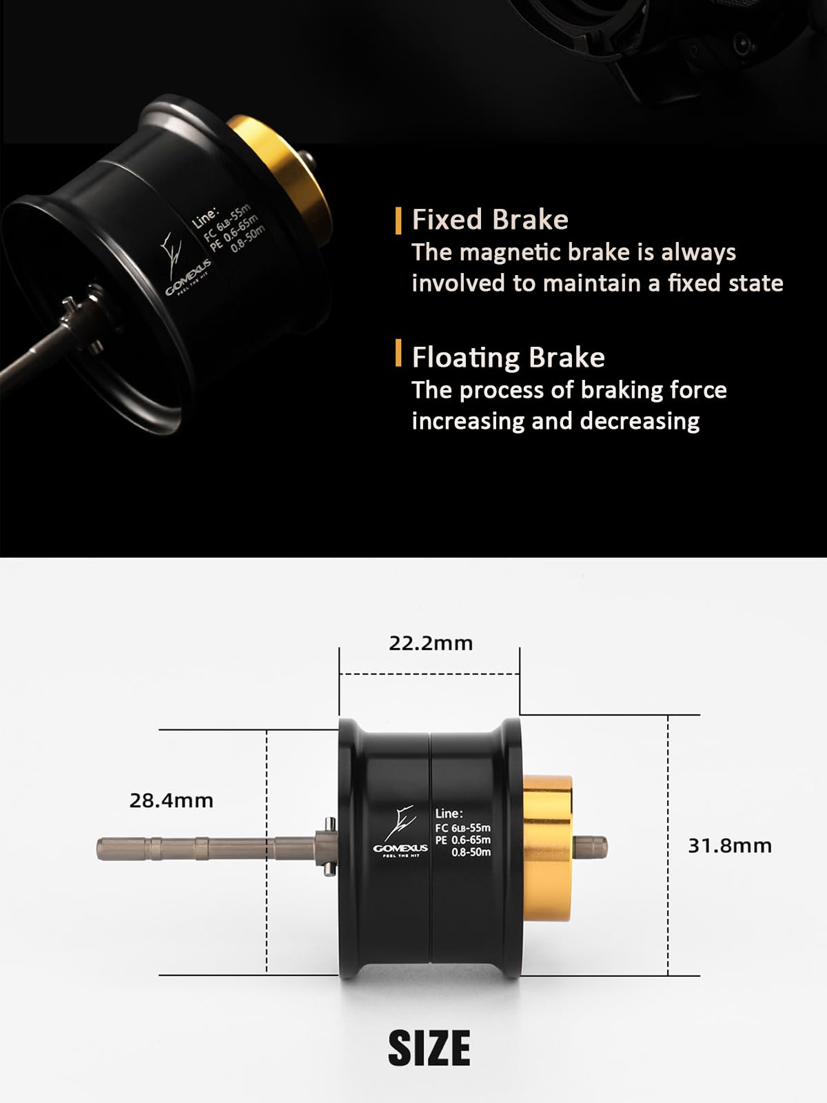Side view showing magnetic brake system on the spool