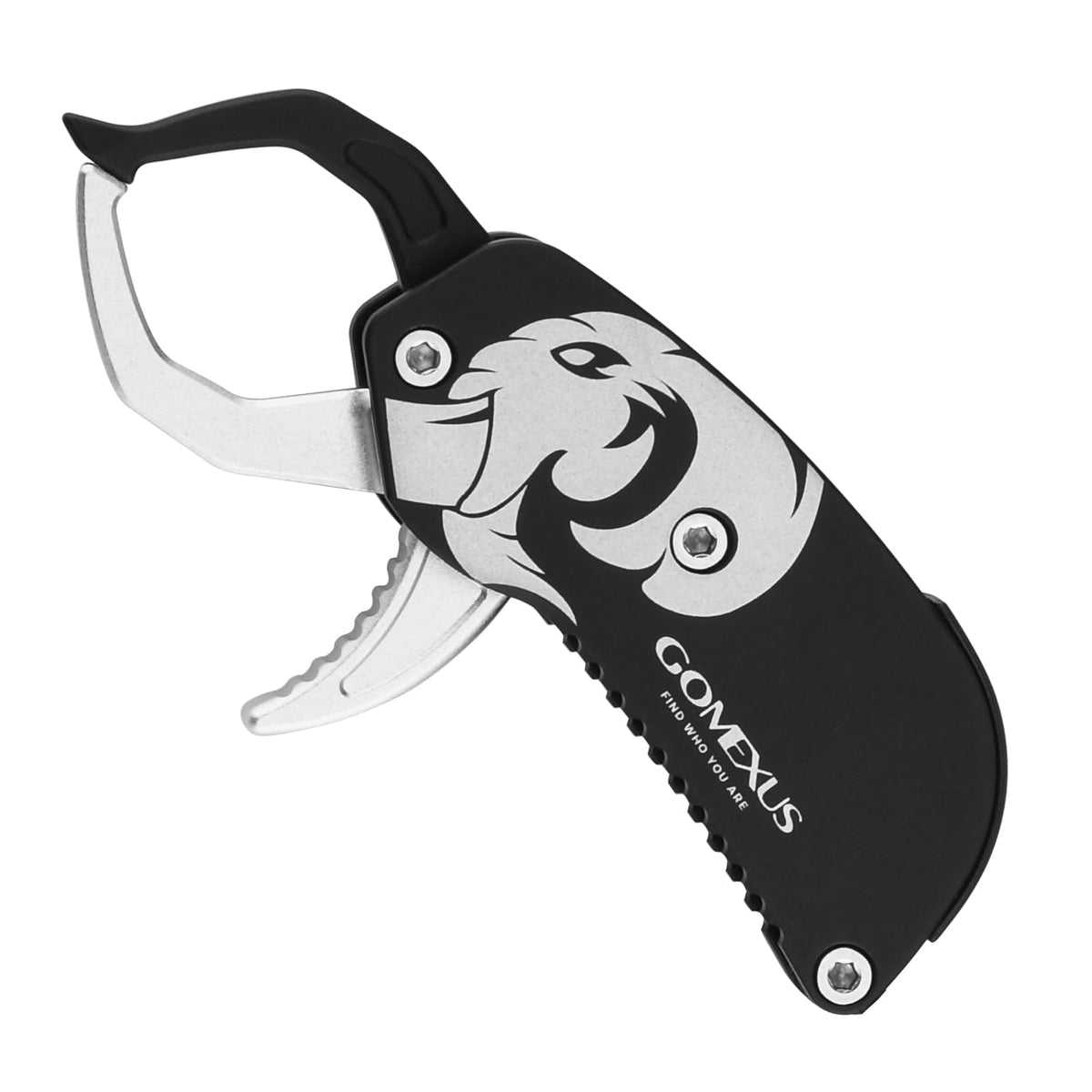 GOMEXUS Fish Lip Gripper held in hand showing compact aluminum body