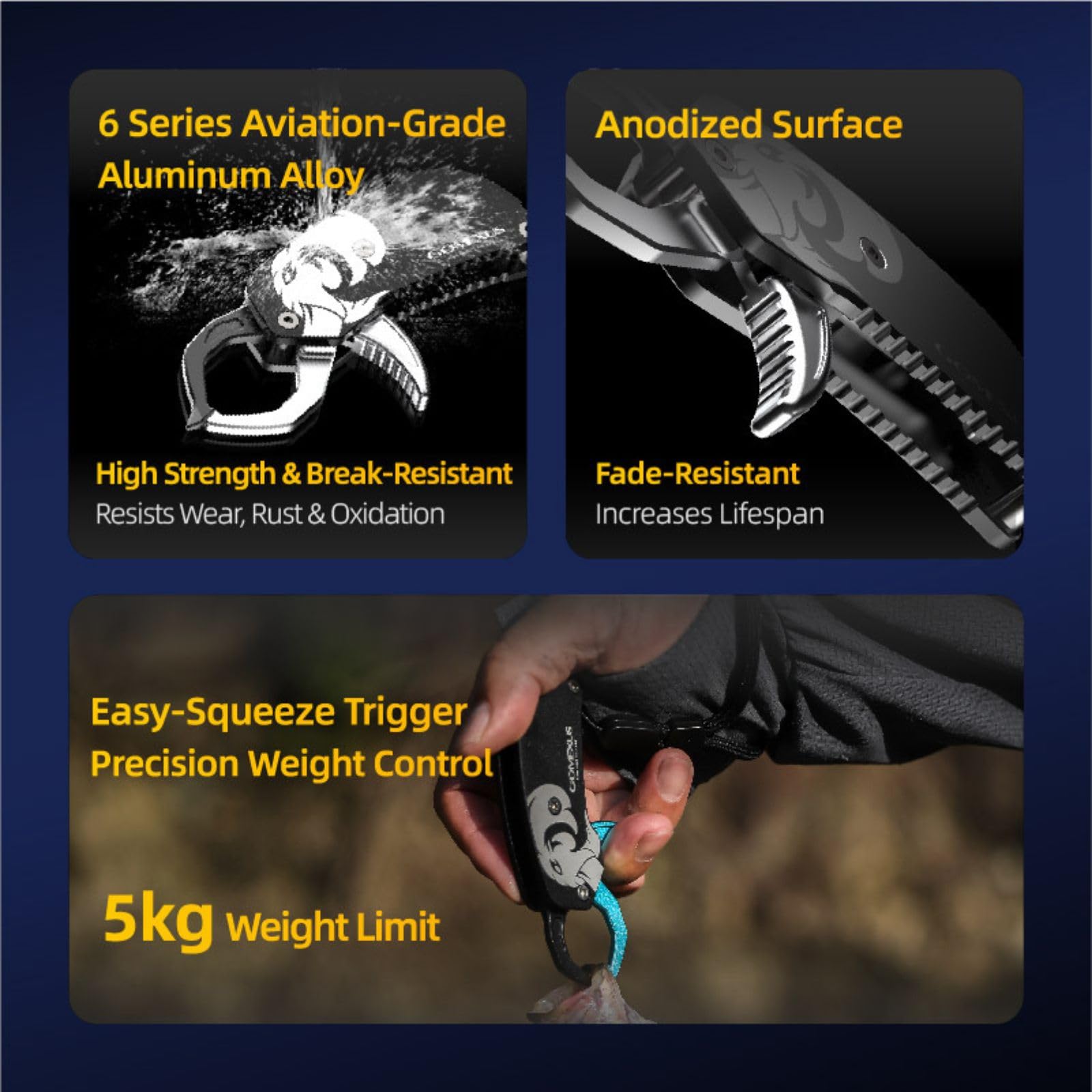 Grips fish up to 5 kg with a max opening of 3 cm