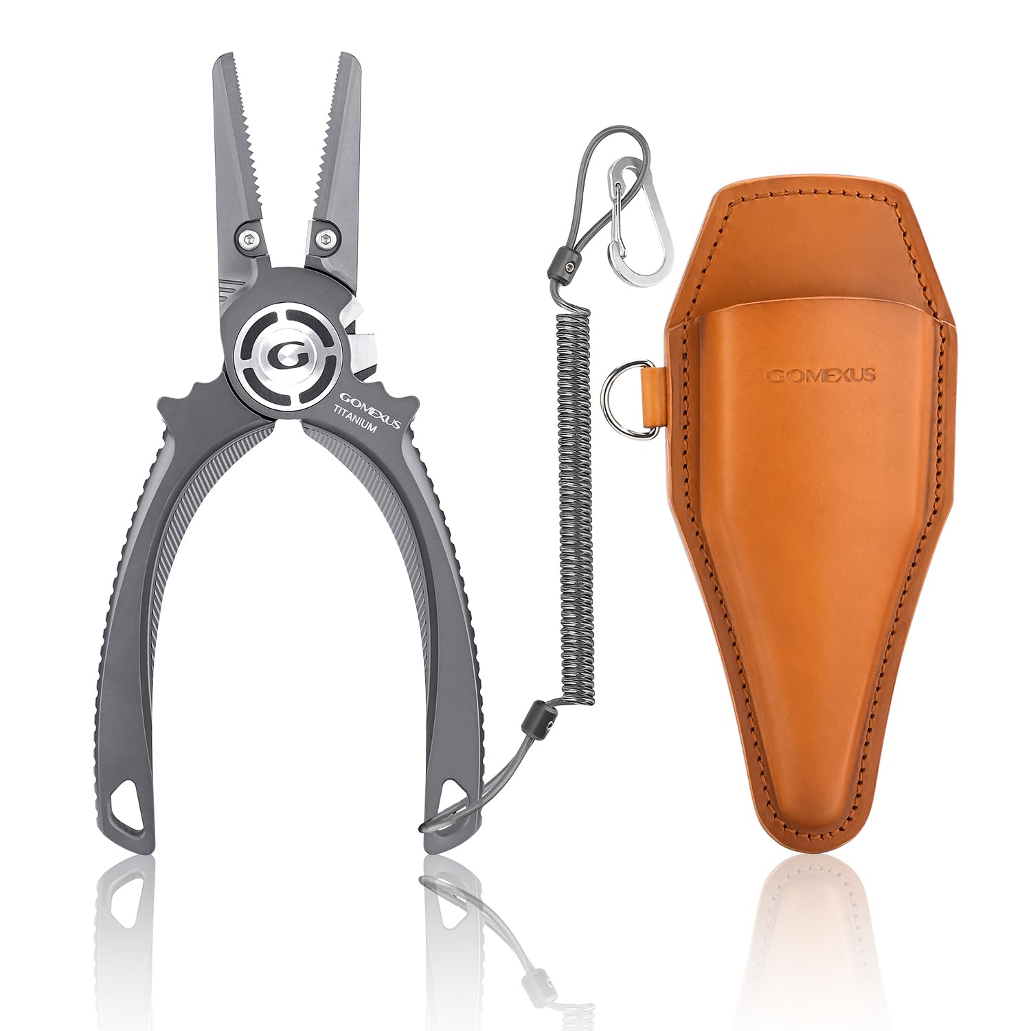 Front view of Gomexus Titanium Fishing Pliers 7.5in with dual cutters