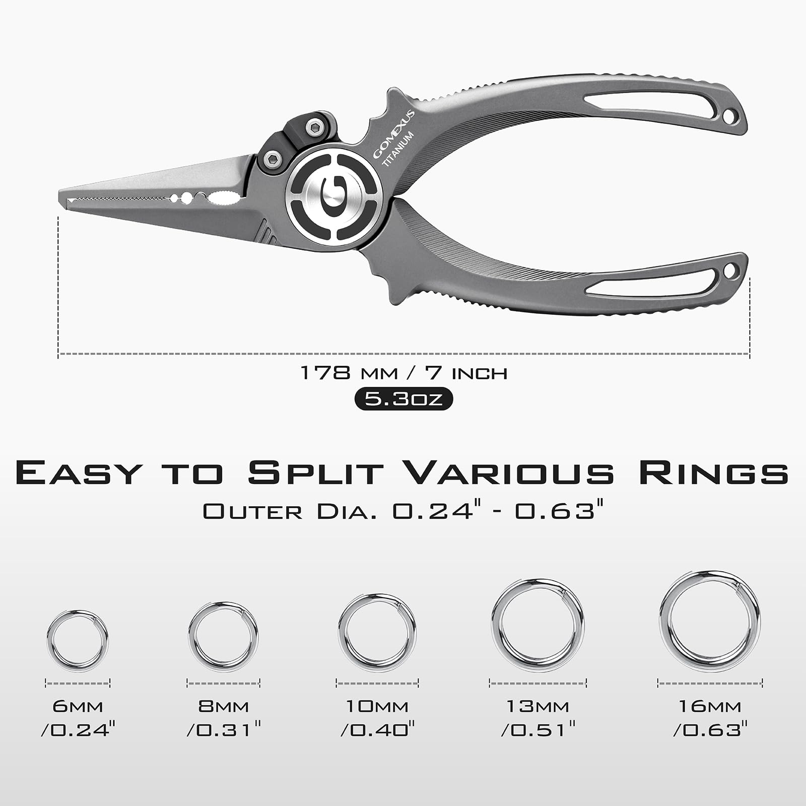 GOMEXUS titanium pliers non-split ring view highlighting compact utility