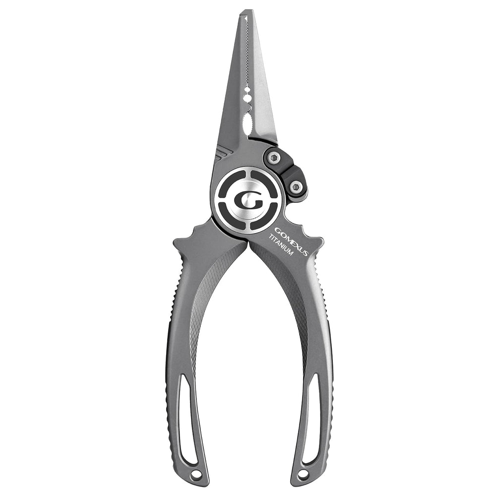 GOMEXUS titanium fishing pliers close-up showing corrosion-resistant construction for durability