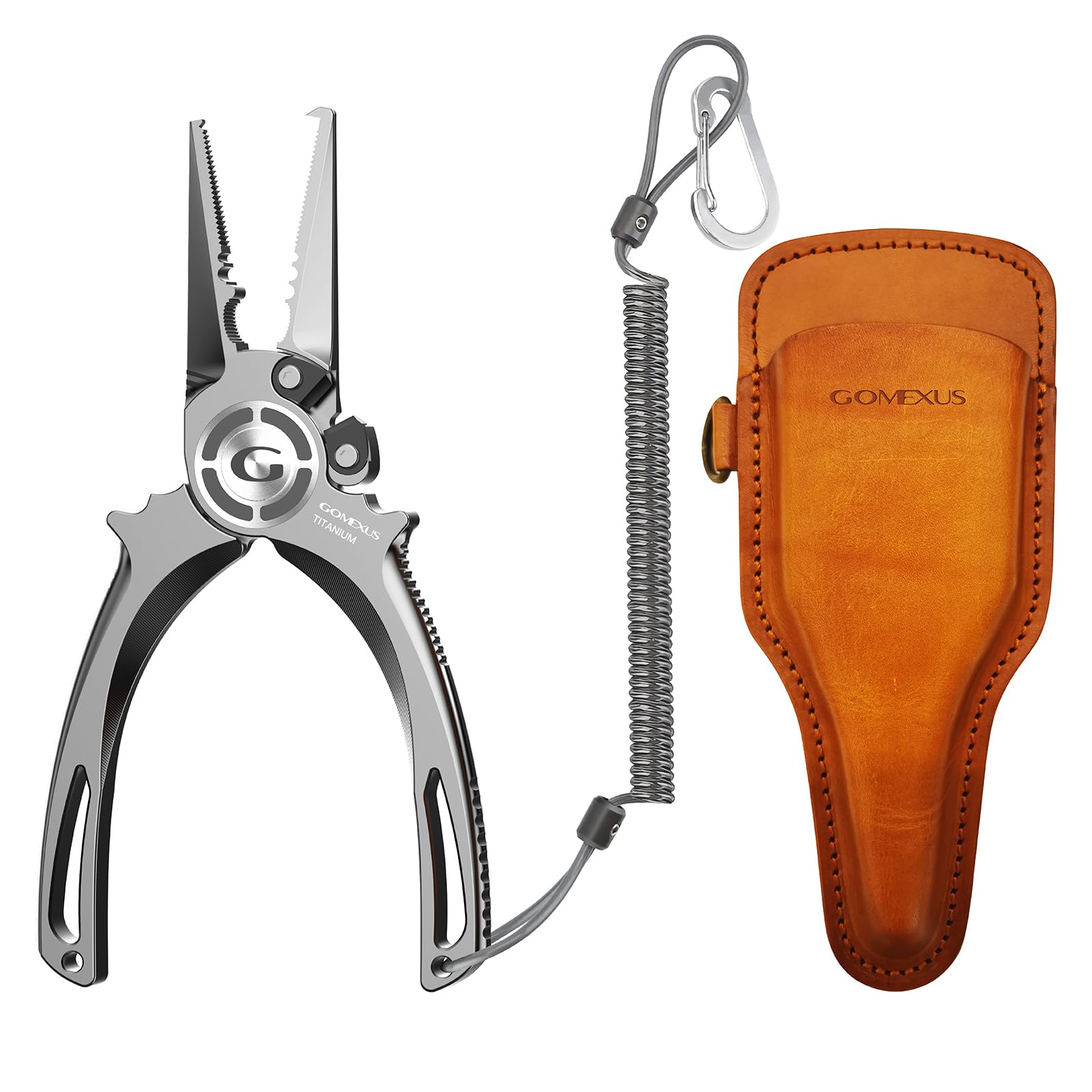 Gomexus Titanium fishing pliers 7inch with side cutters for reliable hook removal.