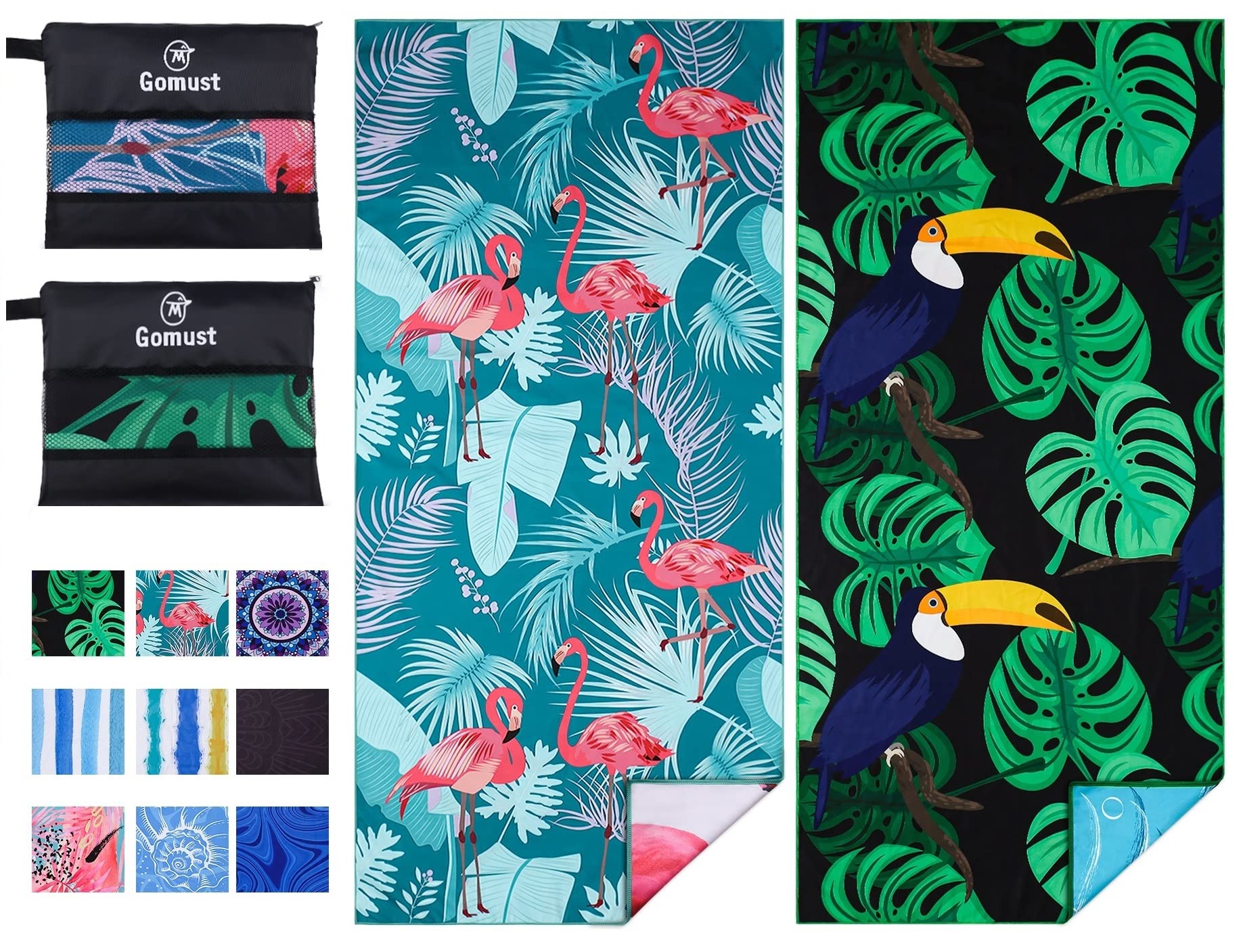 Gomust beach towel flamingo-toucan-pattern with vibrant color-fast printing for seaside days.