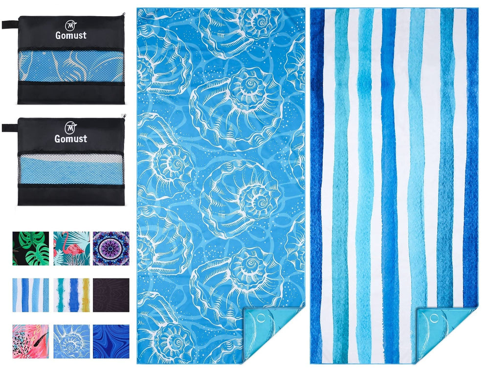 Gomust beach towel blue shell stripe closeup highlights soft microfiber and colorfast print