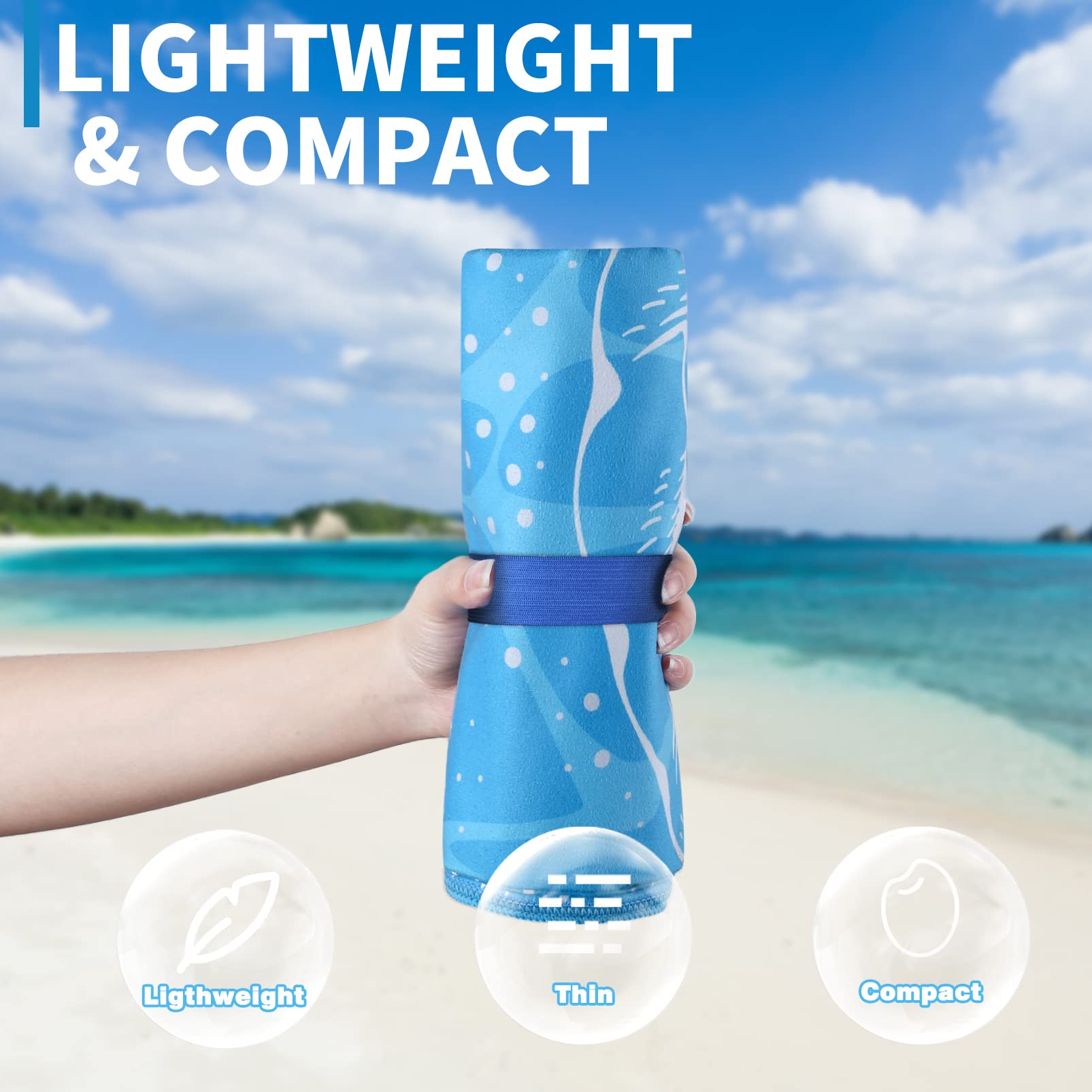Gomust beach towel blue shell stripe flatlay 71x32 shows oversized lounging and quick-dry fabric