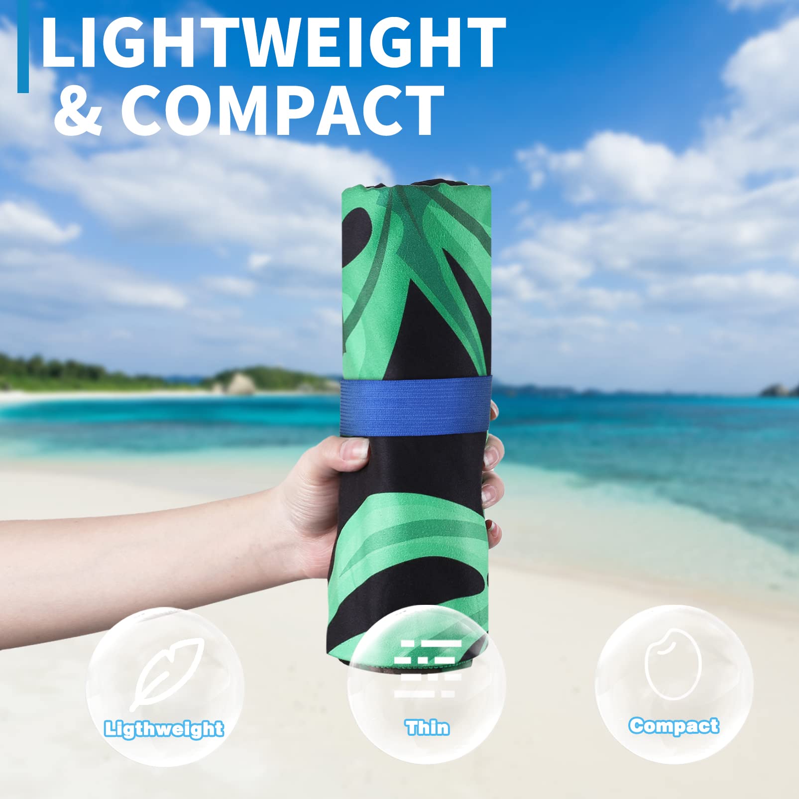 Gomust beach towel quick-dry-microfiber image emphasizes fast drying on the go.