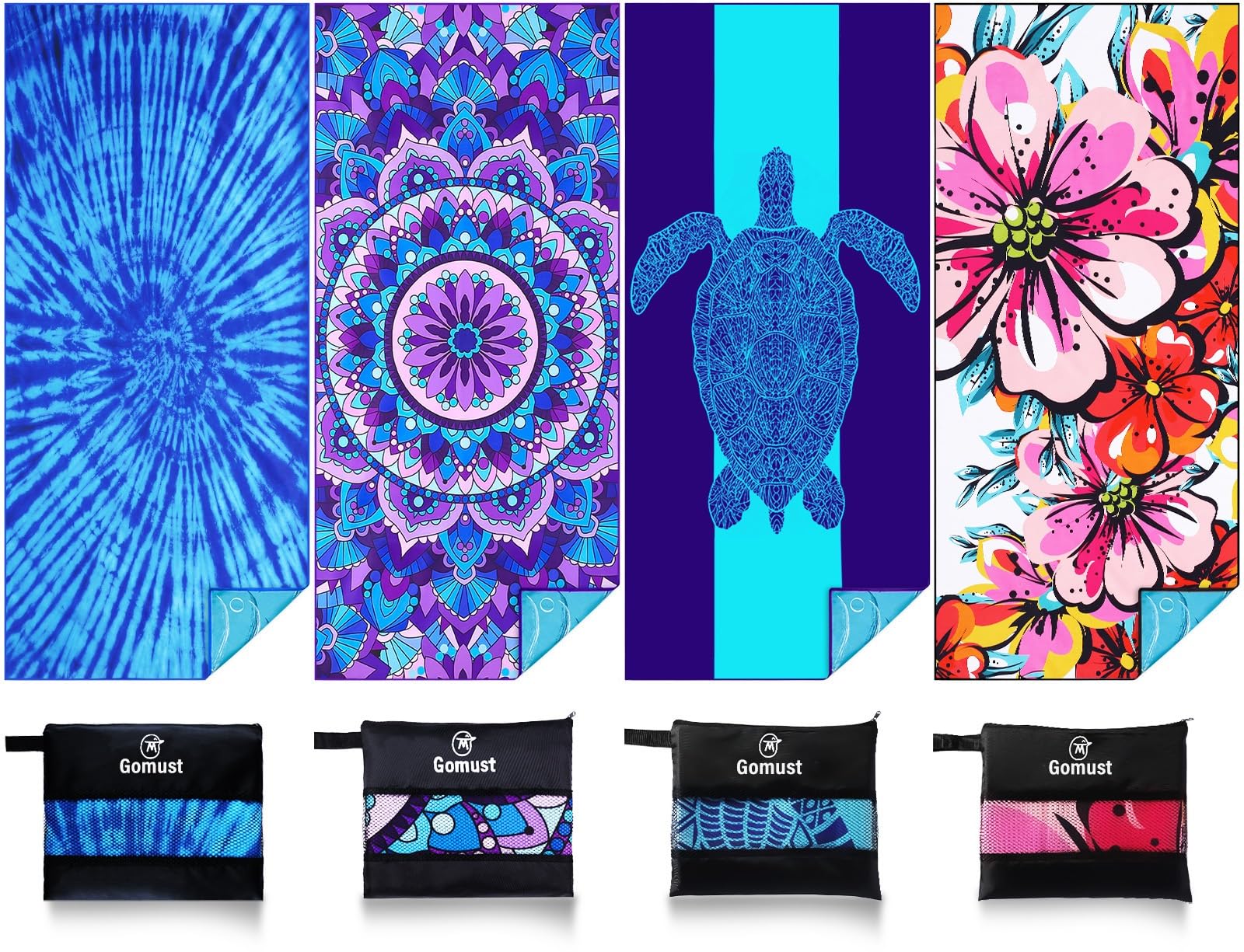 Gomust turtle tie-dye pattern beach towel, full view, sand-free comfort for sunny shores