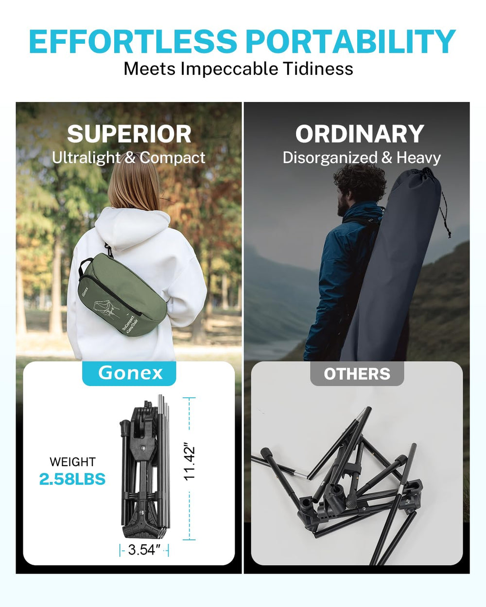 Gonex chair with carrying strap over shoulder for hands-free carry.