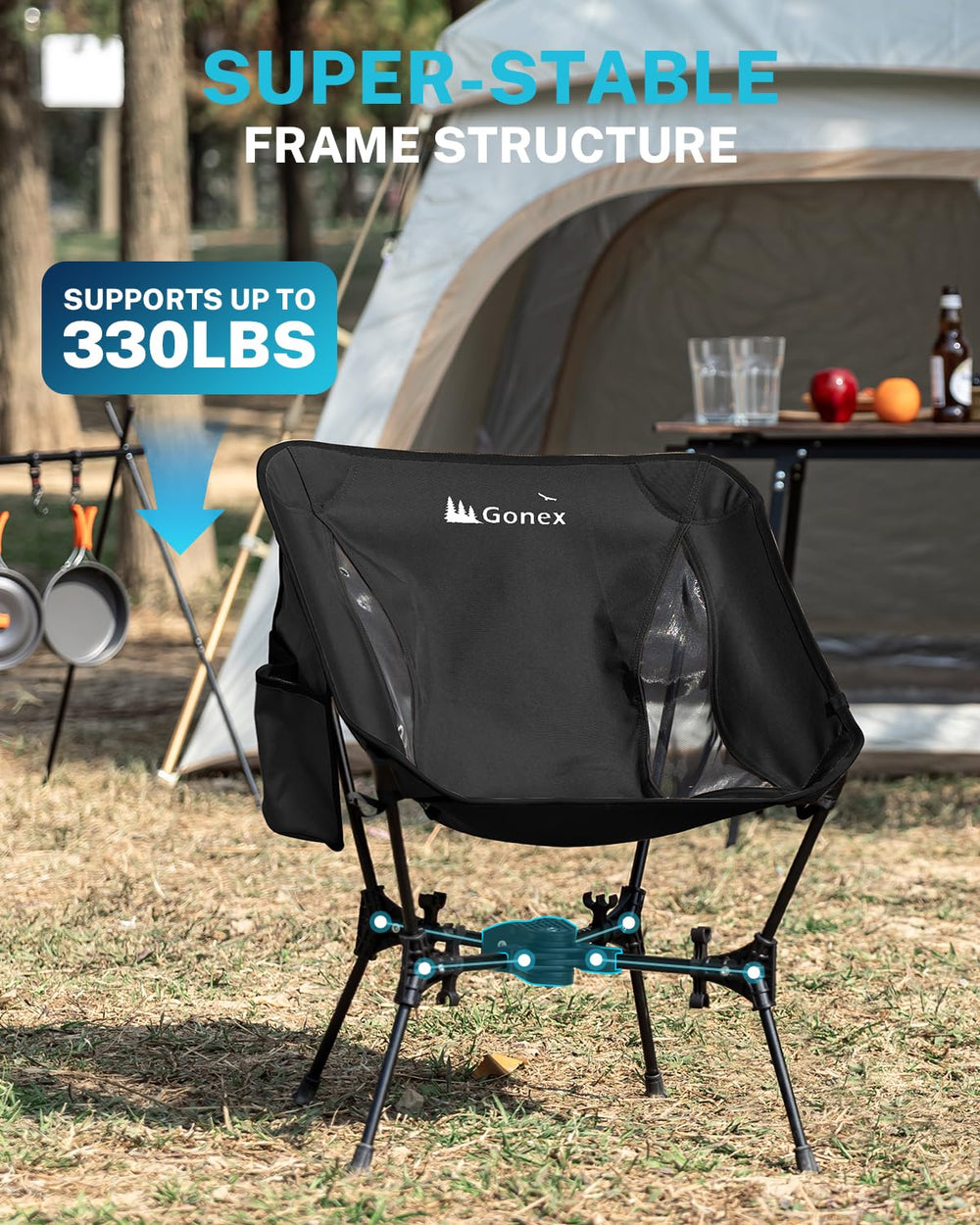 Gonex chair supports up to 330 lbs on varied terrains.