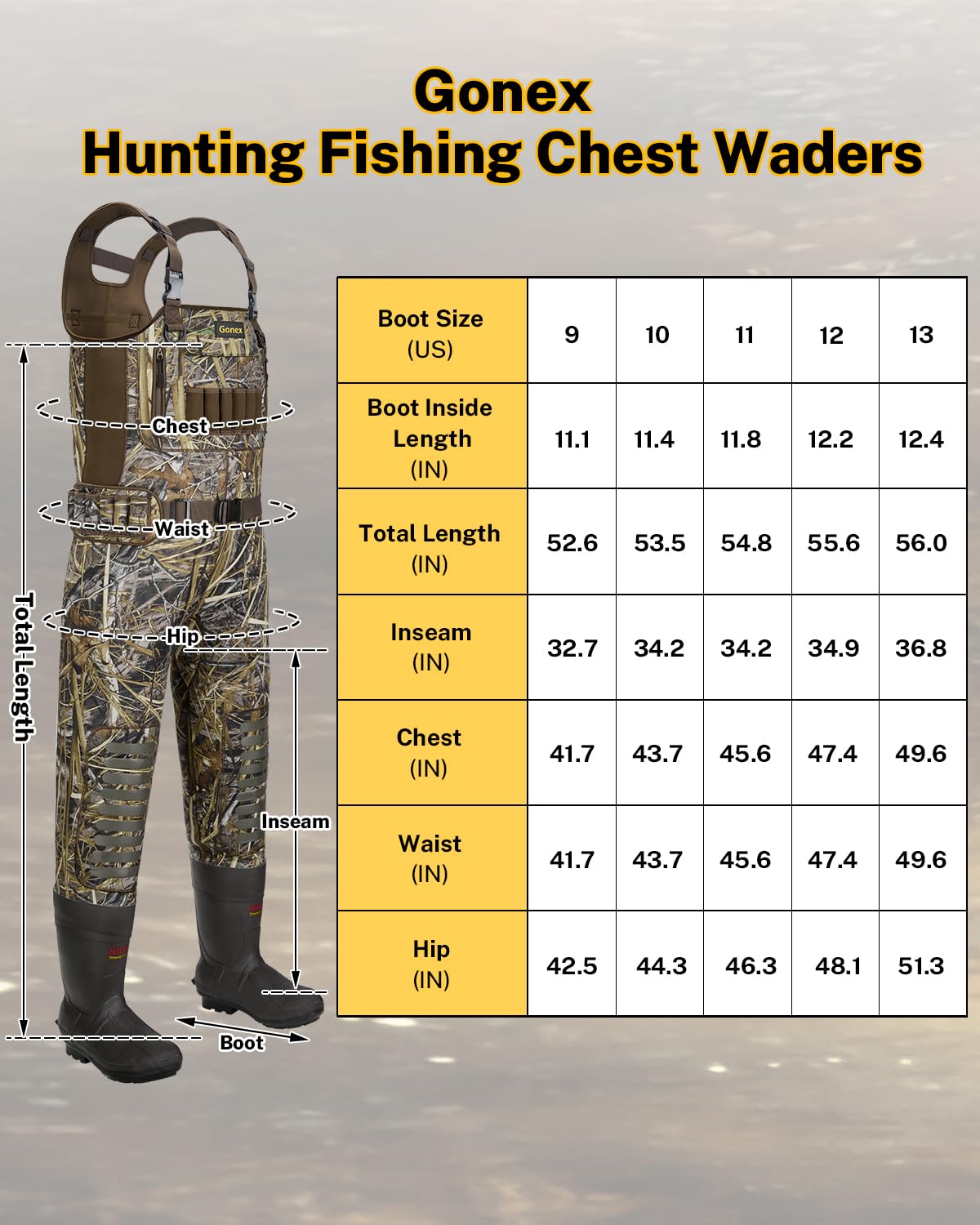 Gonex chest waders adjustable shoulder straps for a comfortable, secure fit.